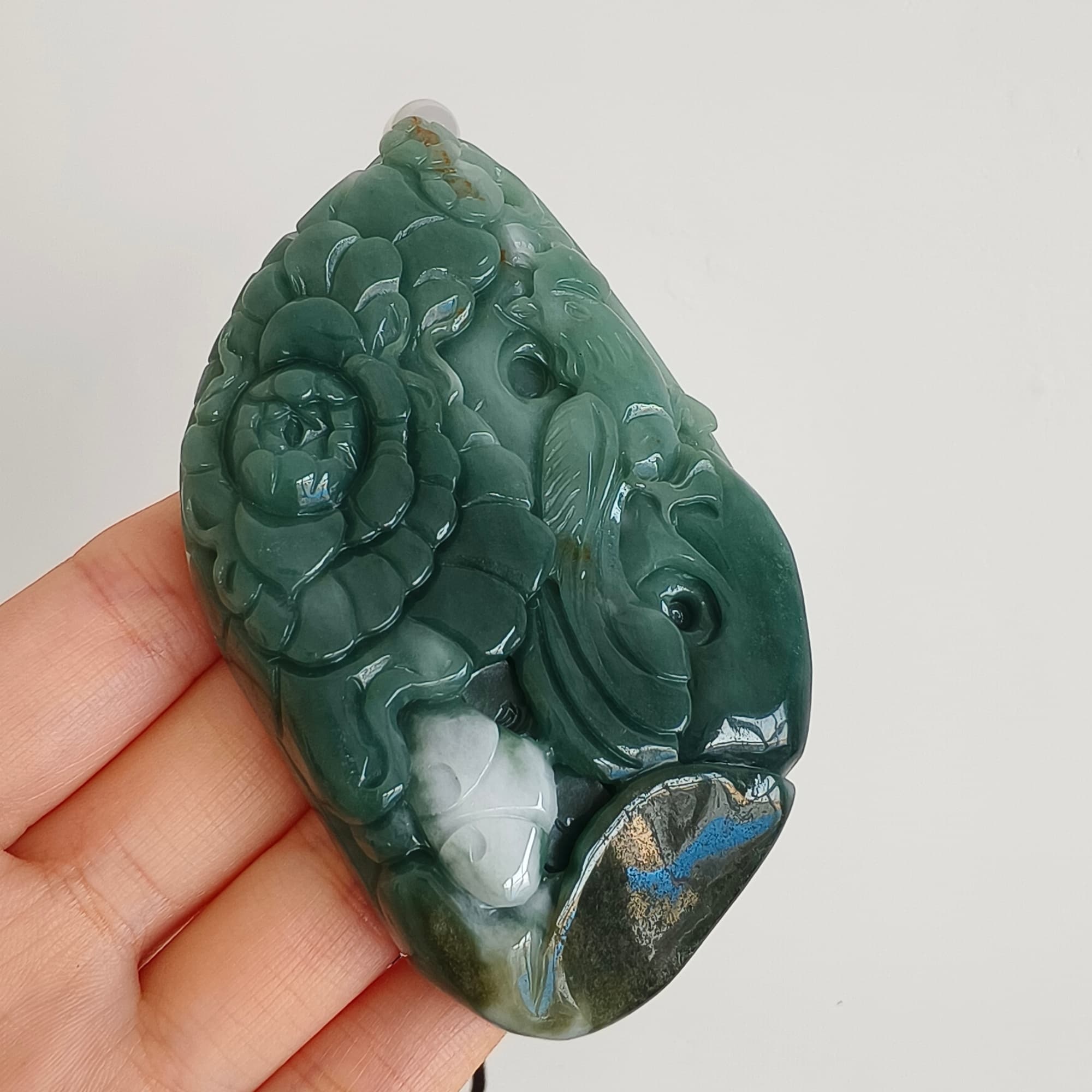 DDP 91mm Natural Type A Untreated Green White Burmese Jadeite Diamond Pendant With Phoenix and Peony Carved