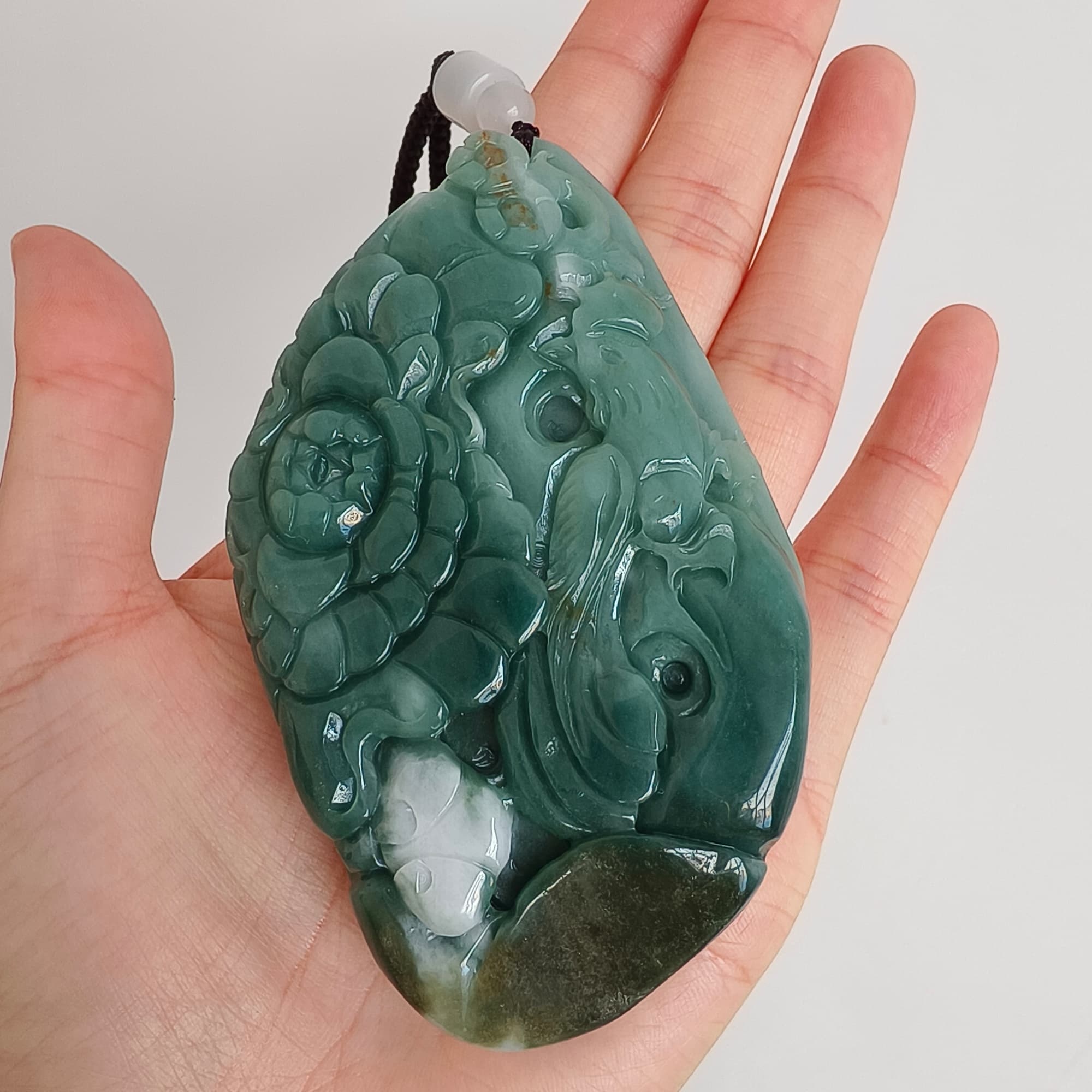 DDP 91mm Natural Type A Untreated Green White Burmese Jadeite Diamond Pendant With Phoenix and Peony Carved