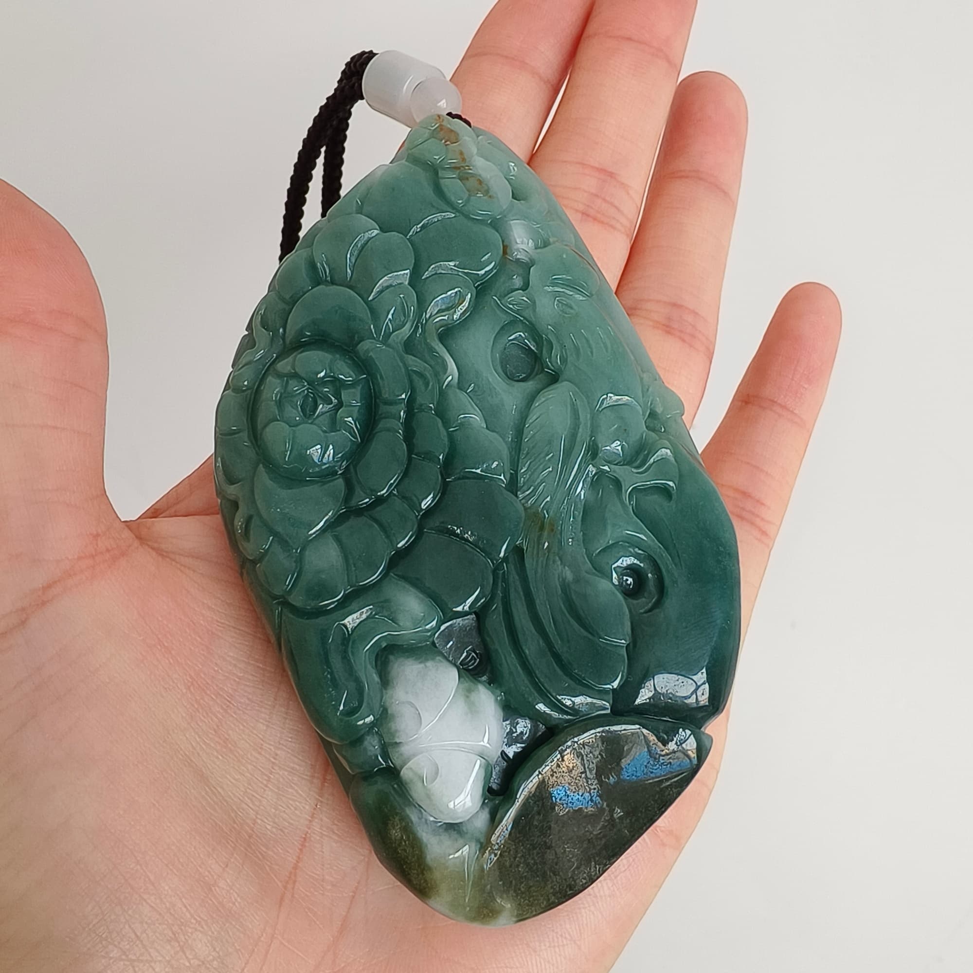 DDP 91mm Natural Type A Untreated Green White Burmese Jadeite Diamond Pendant With Phoenix and Peony Carved