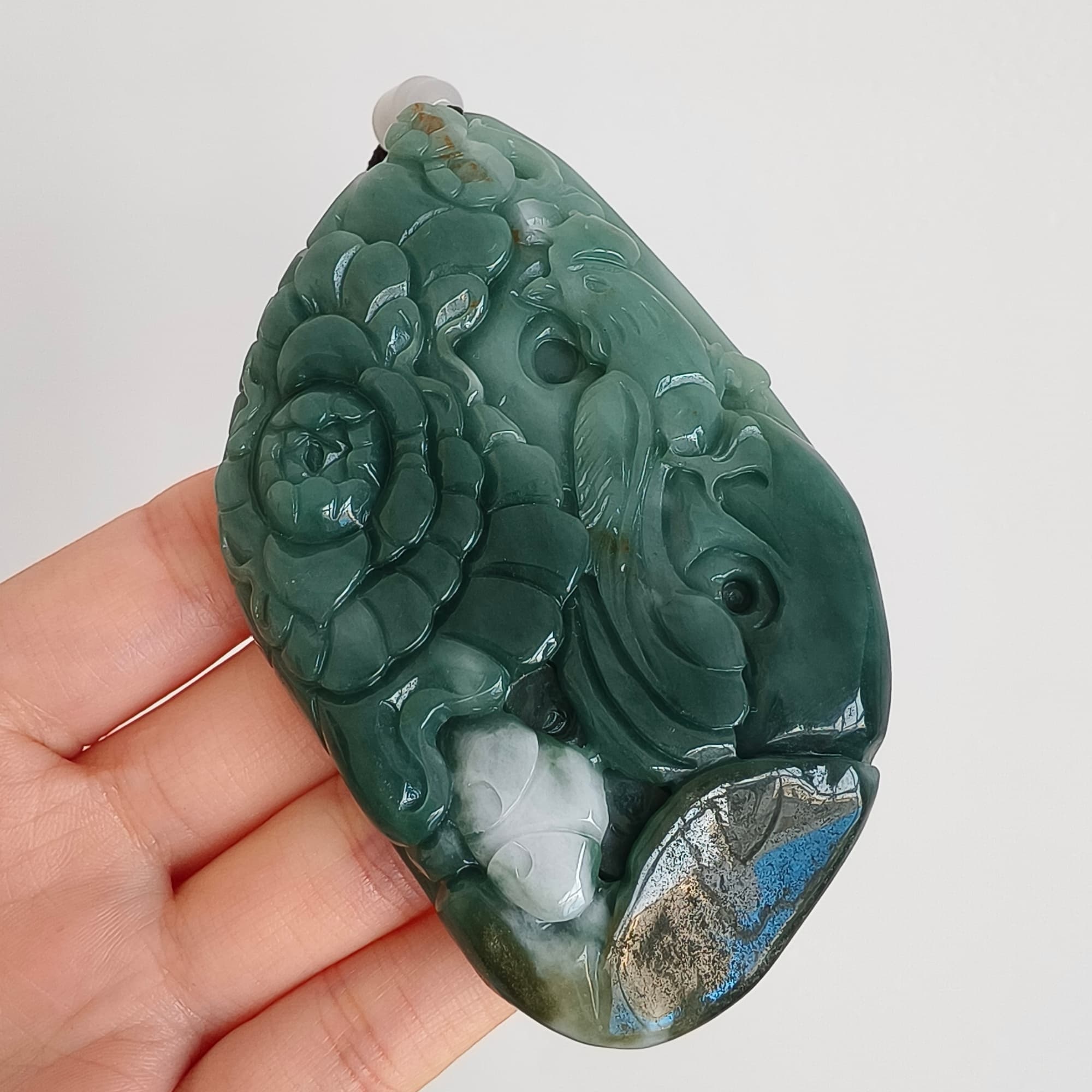 DDP 91mm Natural Type A Untreated Green White Burmese Jadeite Diamond Pendant With Phoenix and Peony Carved