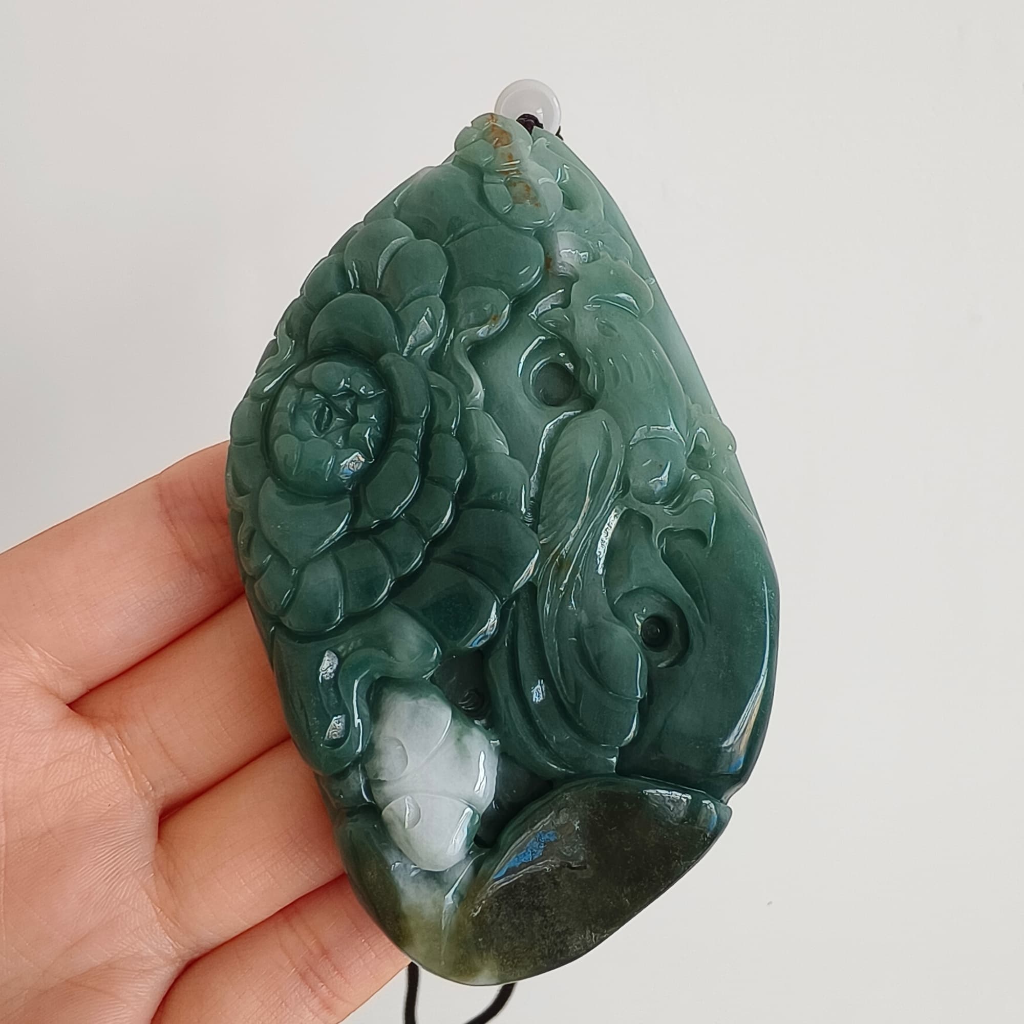 DDP 91mm Natural Type A Untreated Green White Burmese Jadeite Diamond Pendant With Phoenix and Peony Carved