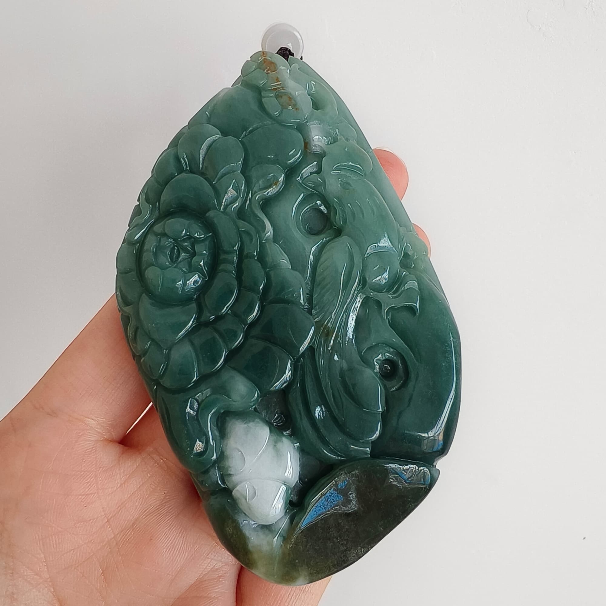 DDP 91mm Natural Type A Untreated Green White Burmese Jadeite Diamond Pendant With Phoenix and Peony Carved