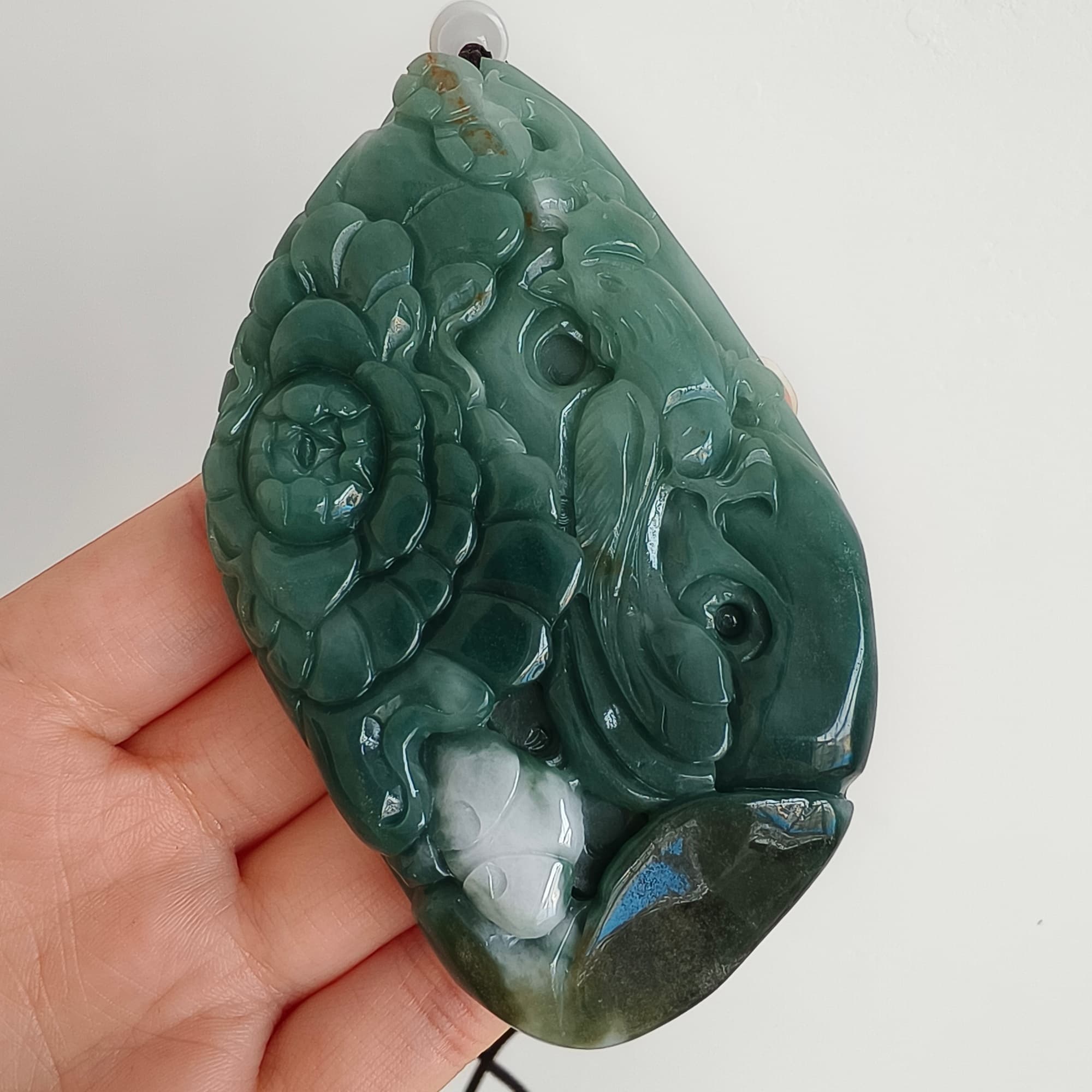 DDP 91mm Natural Type A Untreated Green White Burmese Jadeite Diamond Pendant With Phoenix and Peony Carved