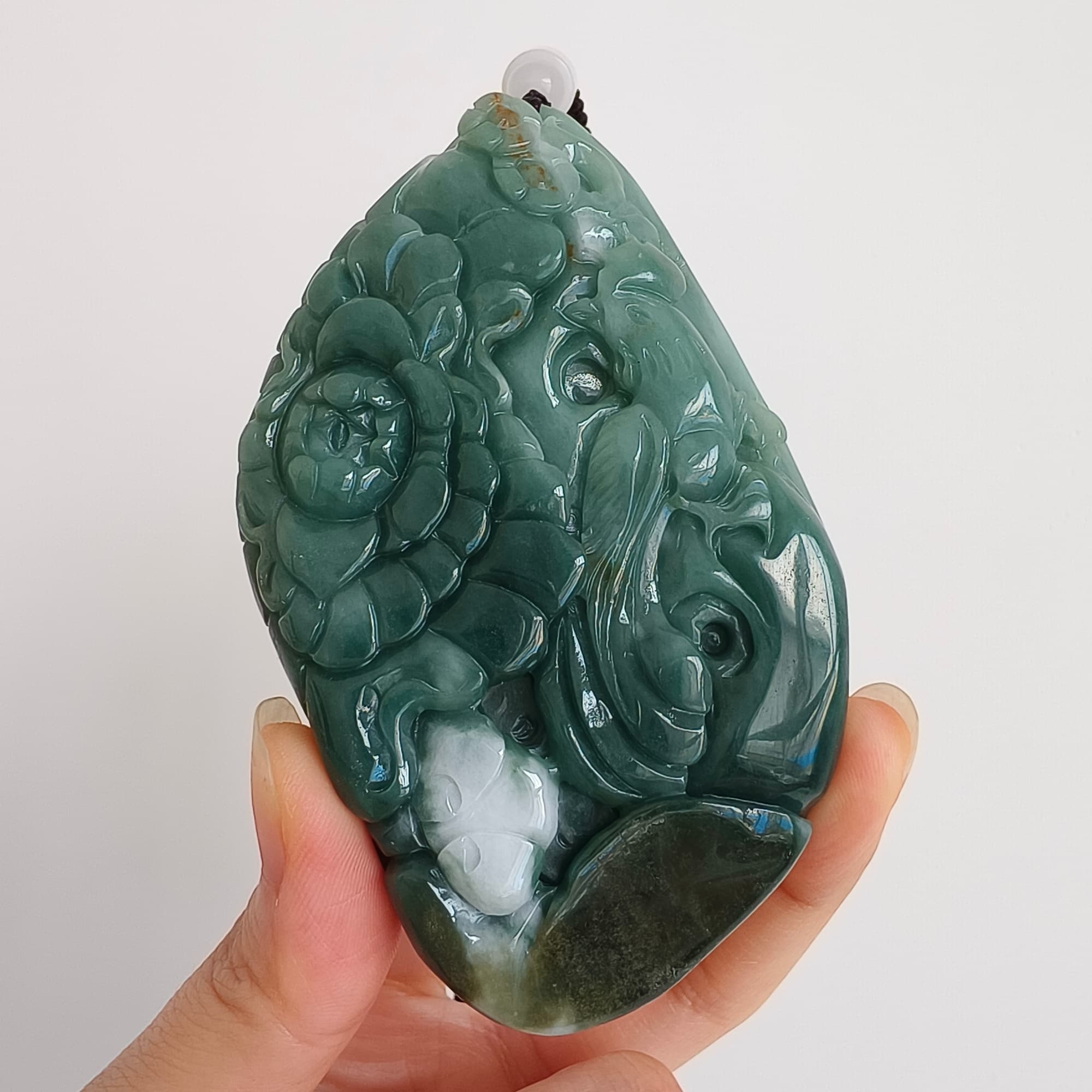 DDP 91mm Natural Type A Untreated Green White Burmese Jadeite Diamond Pendant With Phoenix and Peony Carved