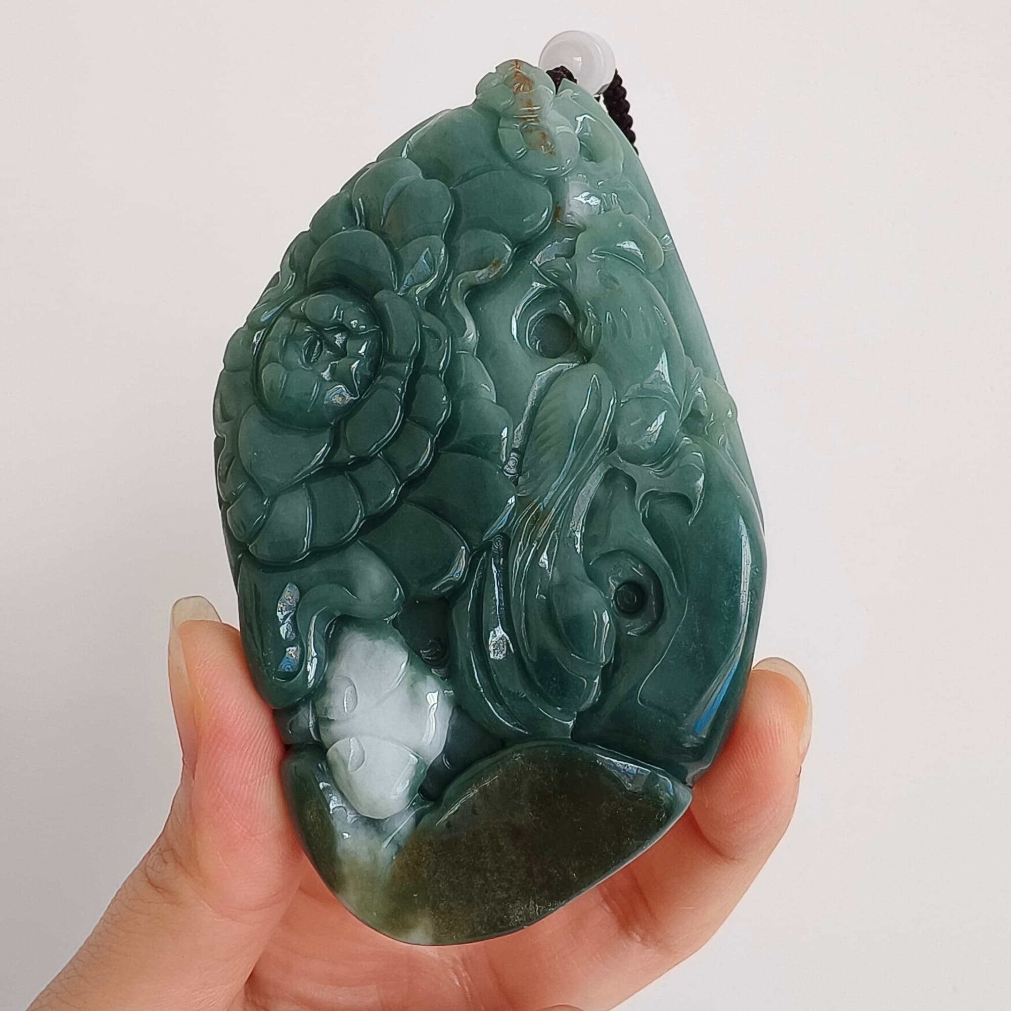 DDP 91mm Natural Type A Untreated Green White Burmese Jadeite Diamond Pendant With Phoenix and Peony Carved