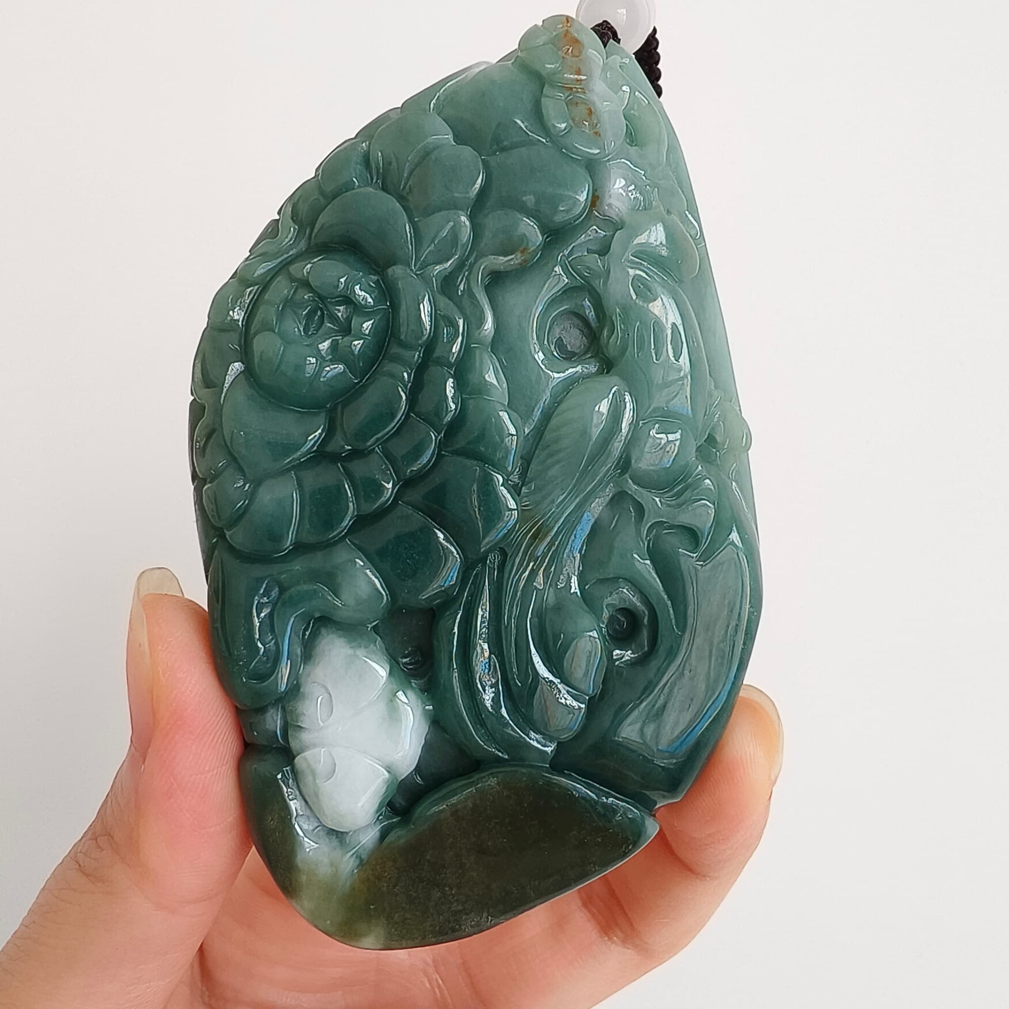 DDP 91mm Natural Type A Untreated Green White Burmese Jadeite Diamond Pendant With Phoenix and Peony Carved