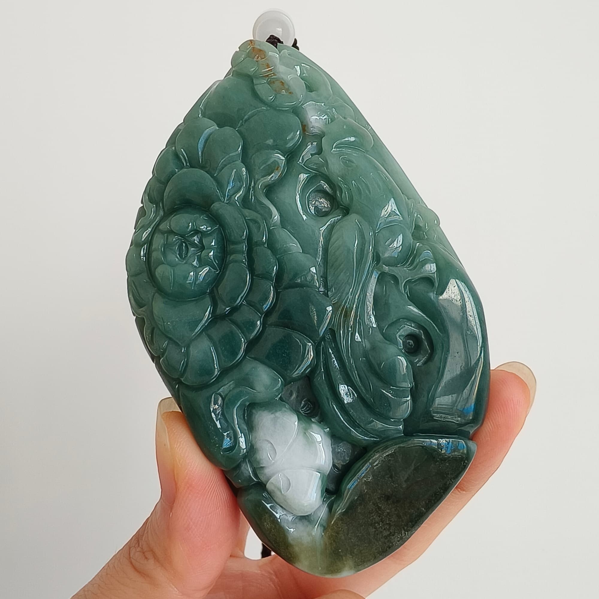 DDP 91mm Natural Type A Untreated Green White Burmese Jadeite Diamond Pendant With Phoenix and Peony Carved