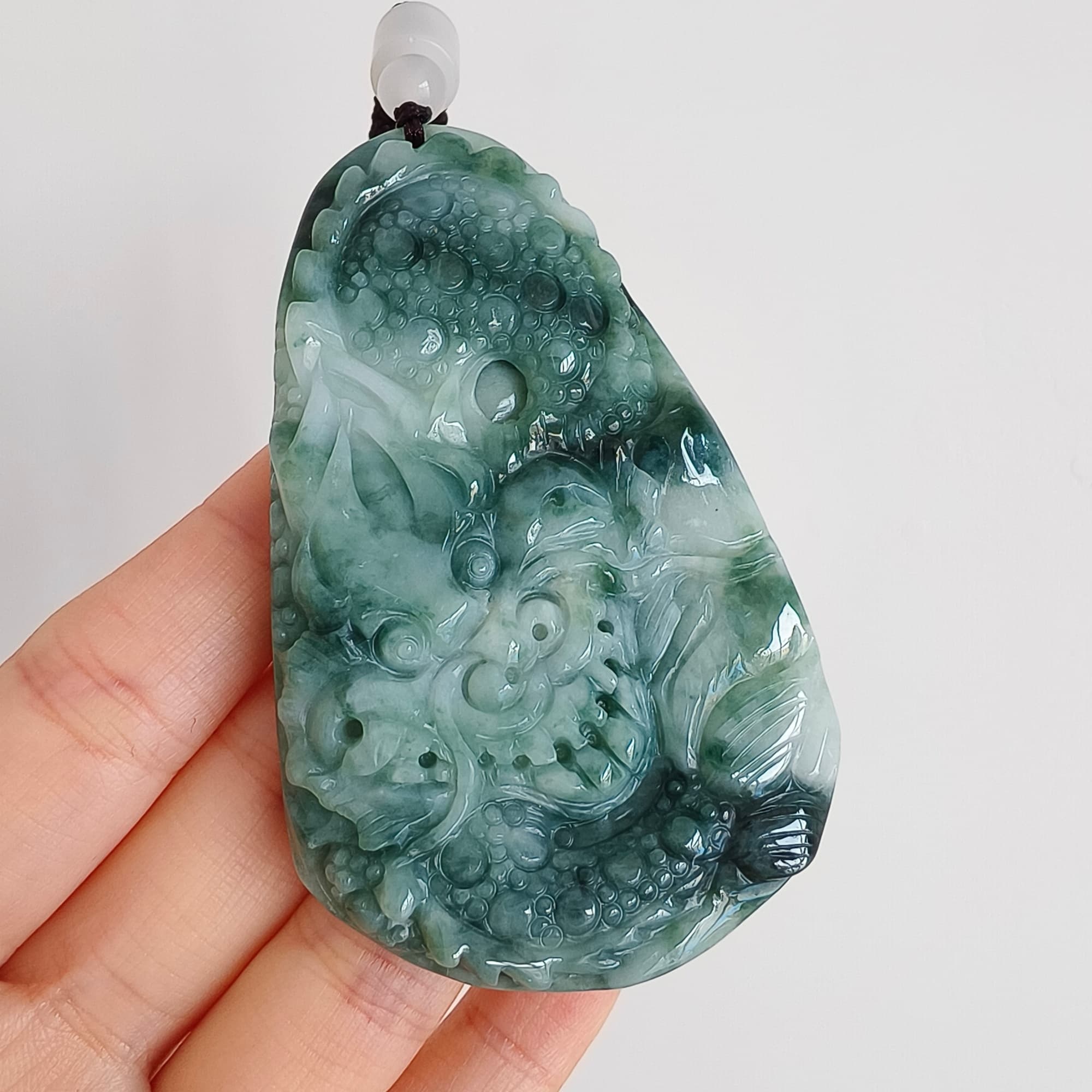 DDP 74.5mm Natural Type A Untreated Green White Burmese Jadeite Teardrop Pendant With Dragon Carved