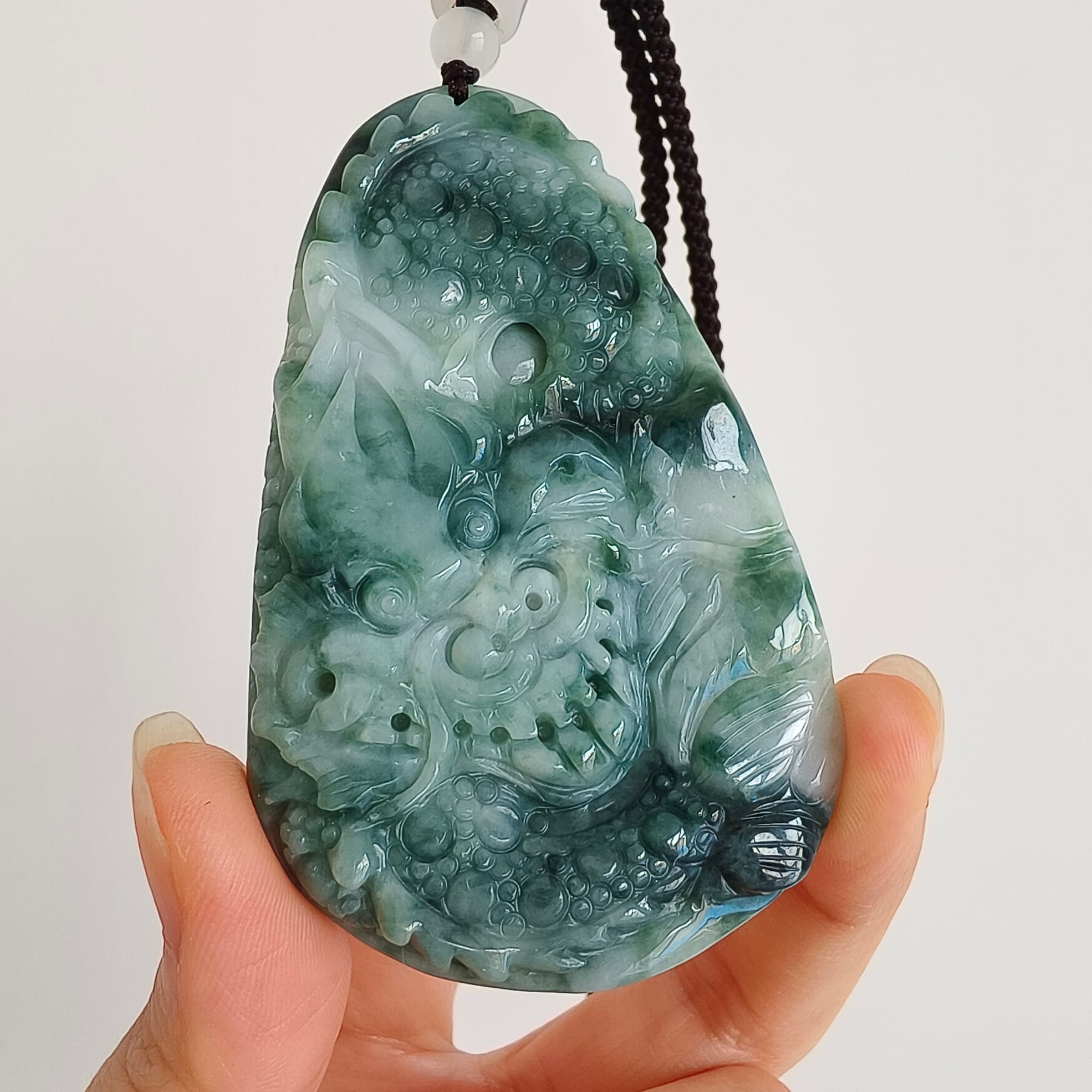 DDP 74.5mm Natural Type A Untreated Green White Burmese Jadeite Teardrop Pendant With Dragon Carved