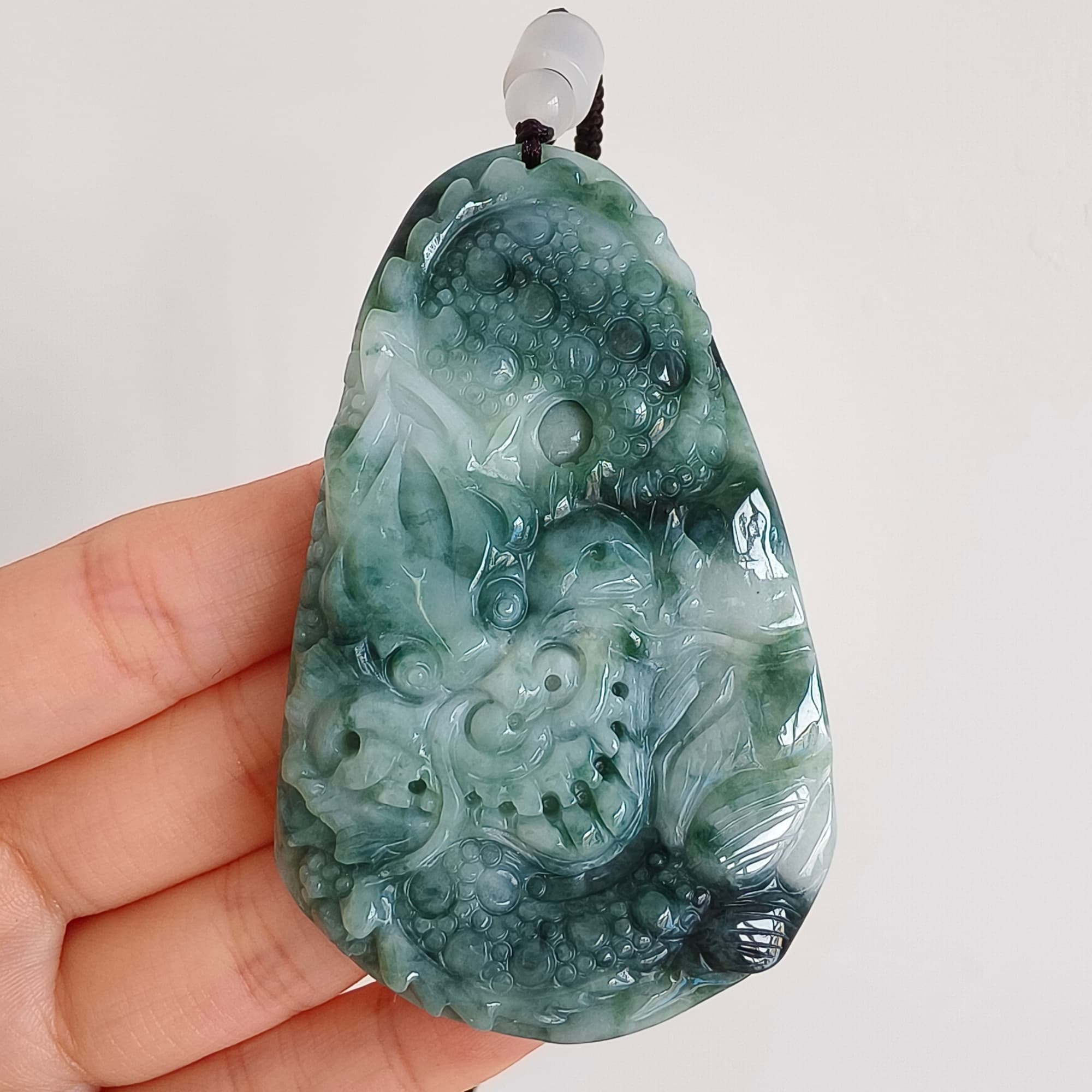 DDP 74.5mm Natural Type A Untreated Green White Burmese Jadeite Teardrop Pendant With Dragon Carved