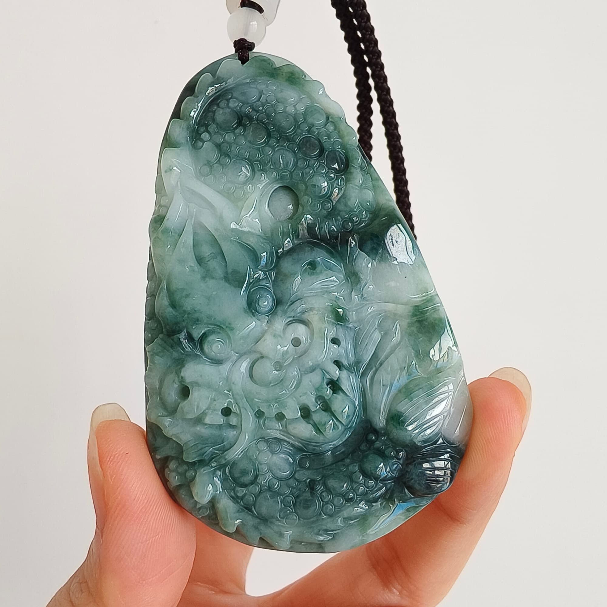 DDP 74.5mm Natural Type A Untreated Green White Burmese Jadeite Teardrop Pendant With Dragon Carved