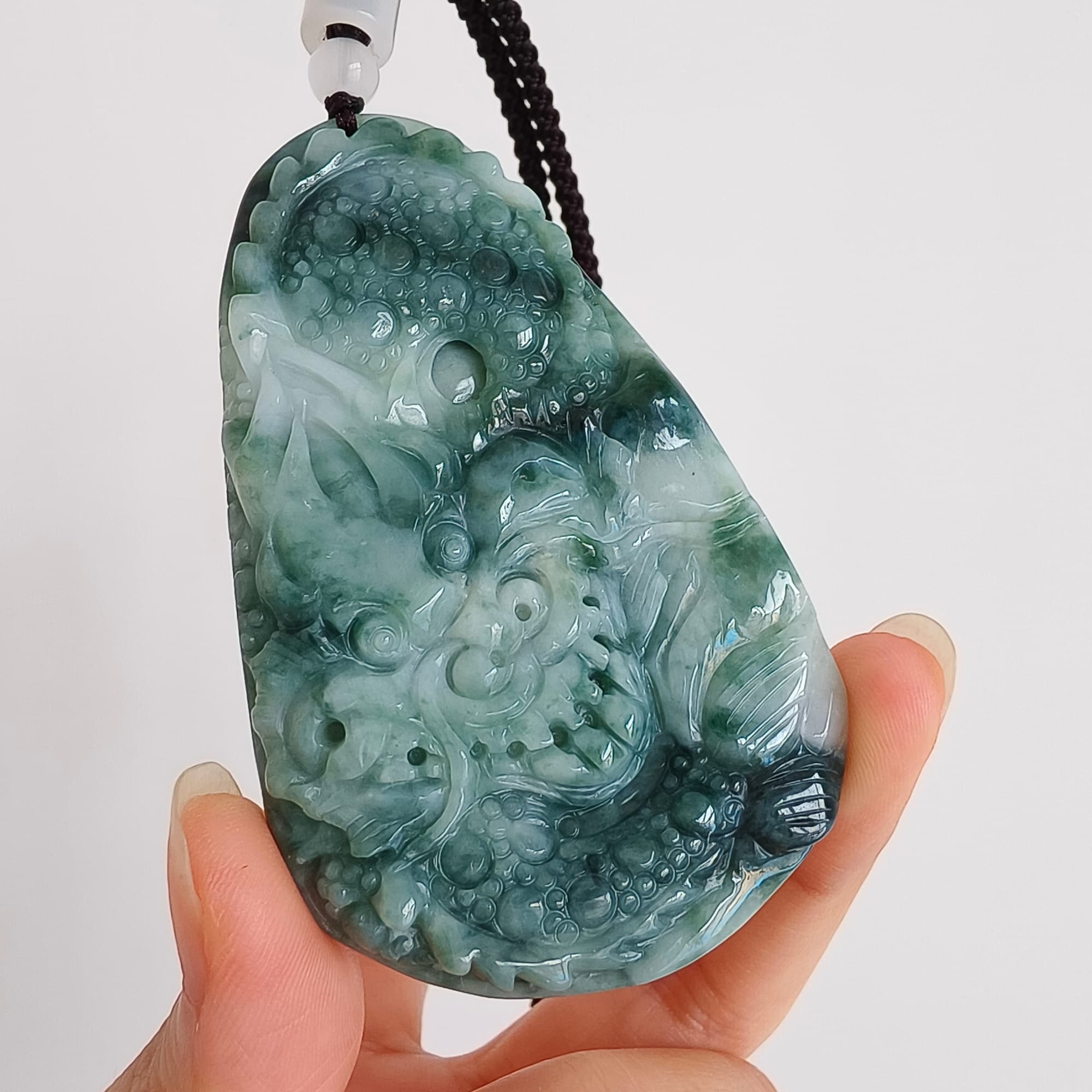 DDP 74.5mm Natural Type A Untreated Green White Burmese Jadeite Teardrop Pendant With Dragon Carved