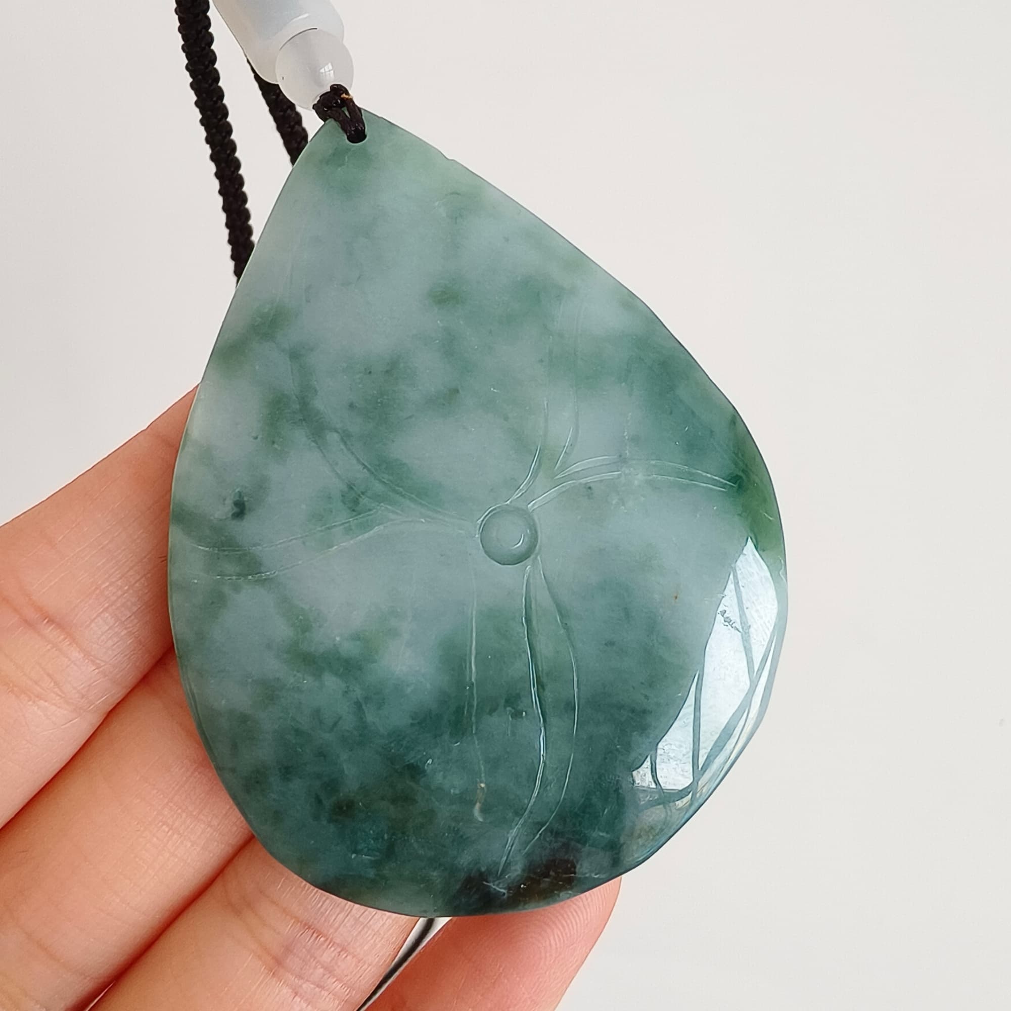 DDP 63mm Natural Type A Untreated Green White Burmese Jadeite Teardrop Pendant With Dragon Carved