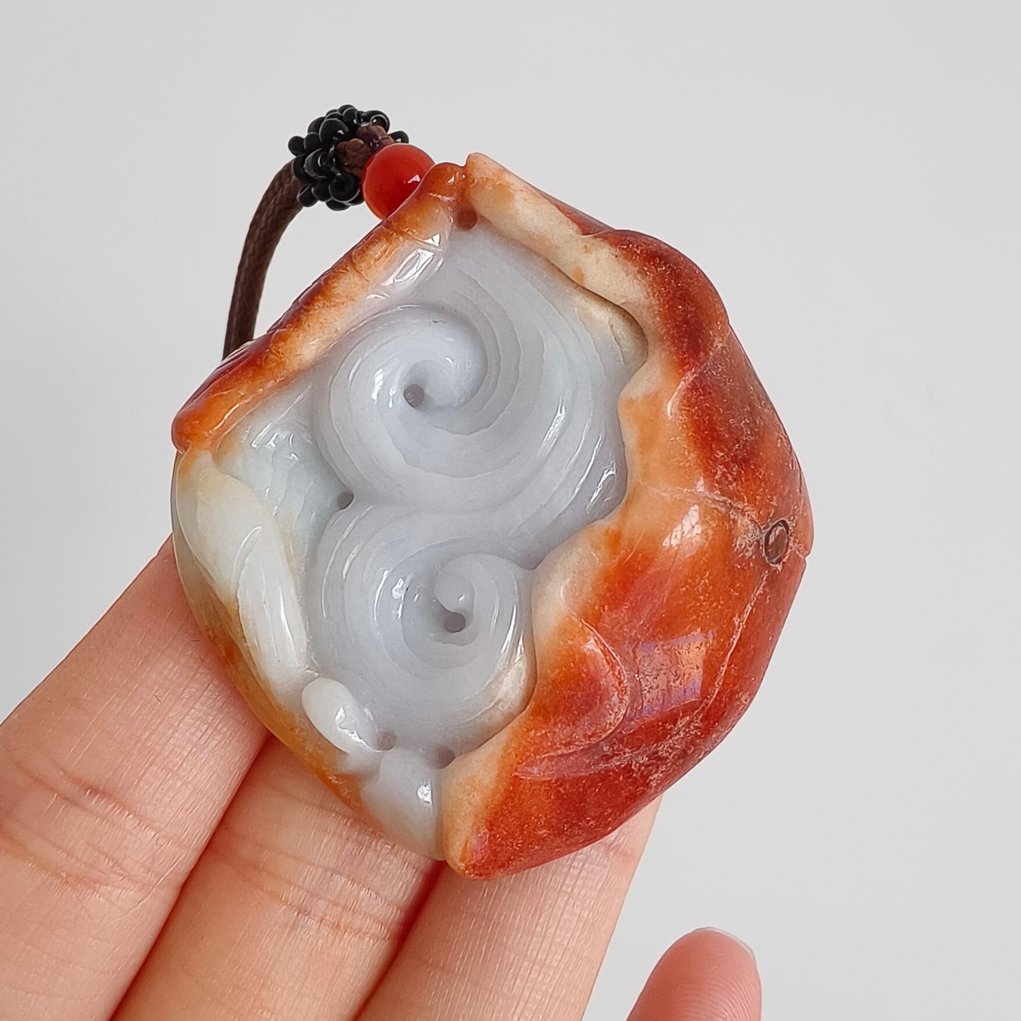 DDP 48.5mm Natural Certificated Red White Burmese Jadeite Irregular Pendant With Fish And Lotus Leaf Carved