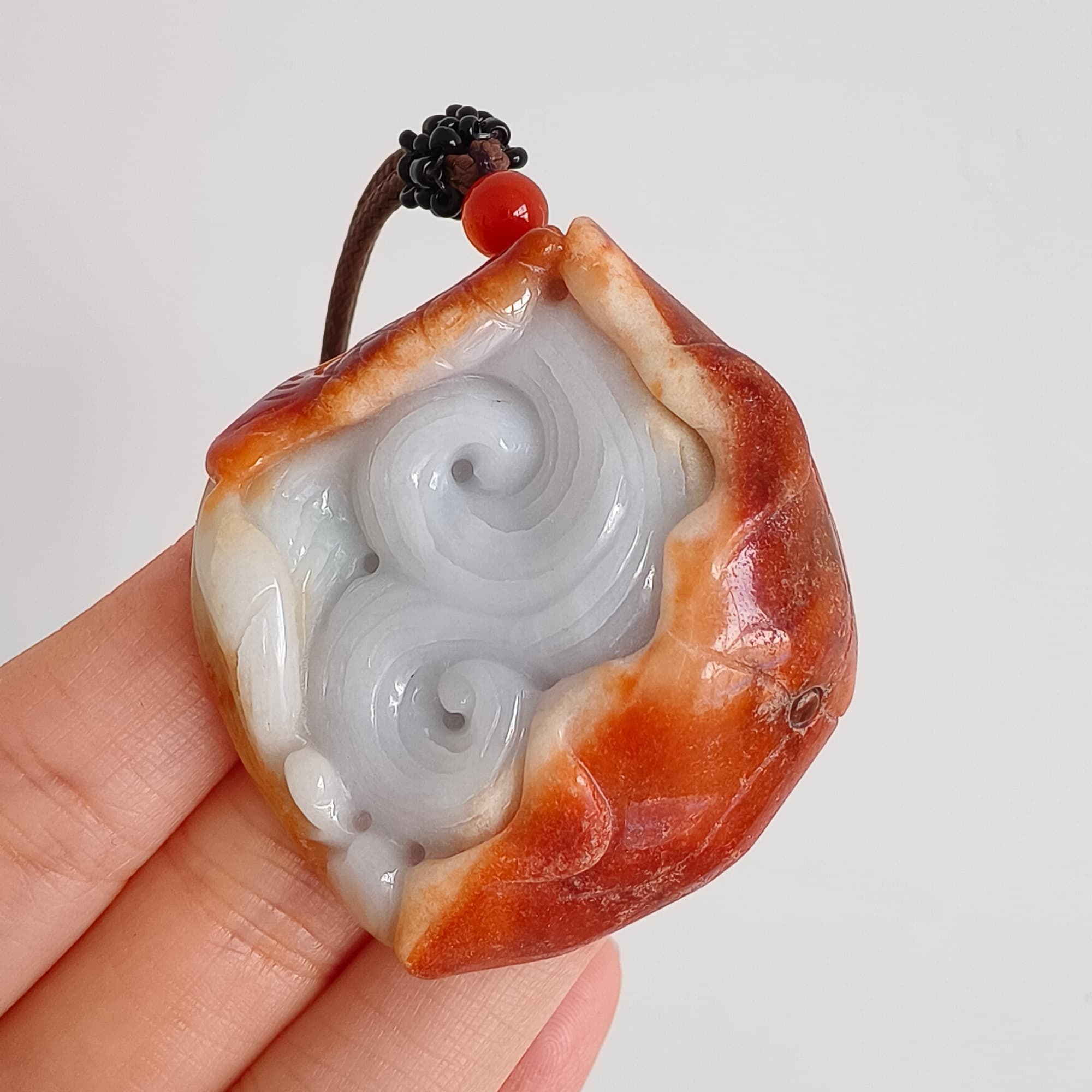 DDP 48.5mm Natural Certificated Red White Burmese Jadeite Irregular Pendant With Fish And Lotus Leaf Carved