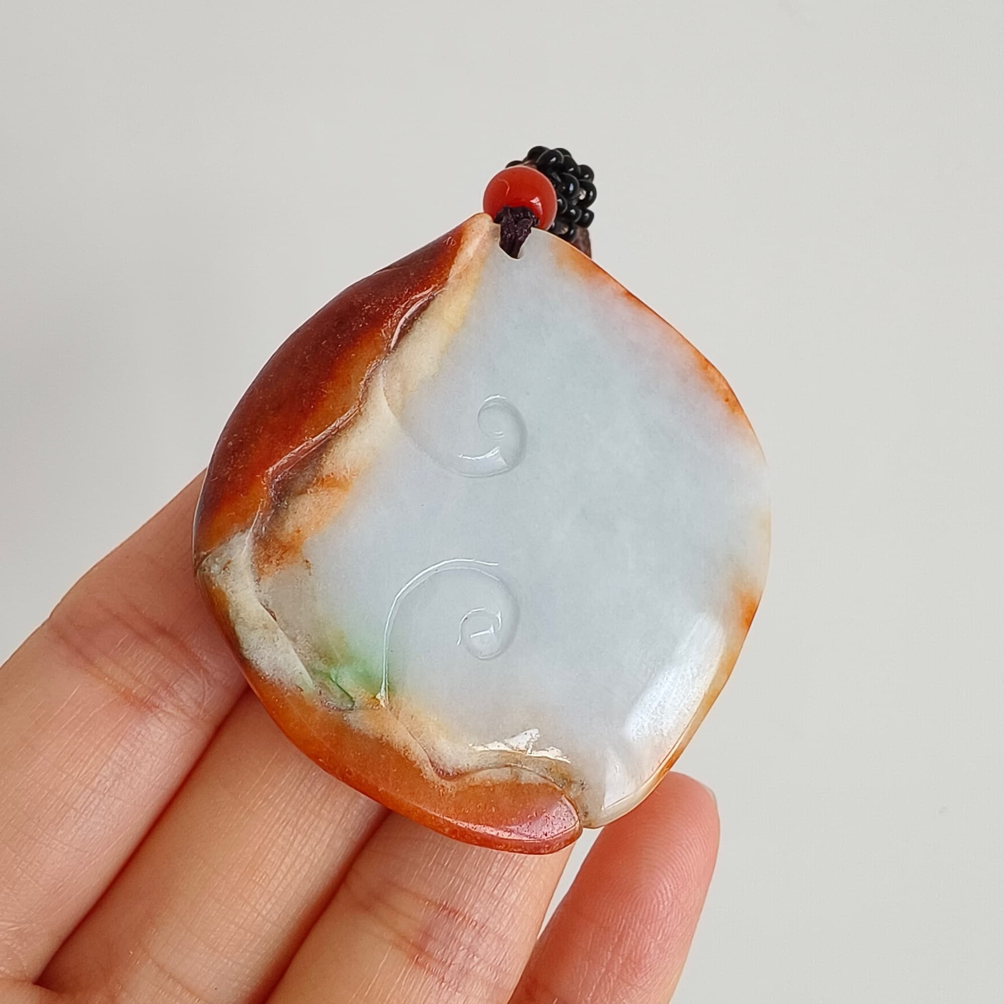 DDP 48.5mm Natural Certificated Red White Burmese Jadeite Irregular Pendant With Fish And Lotus Leaf Carved