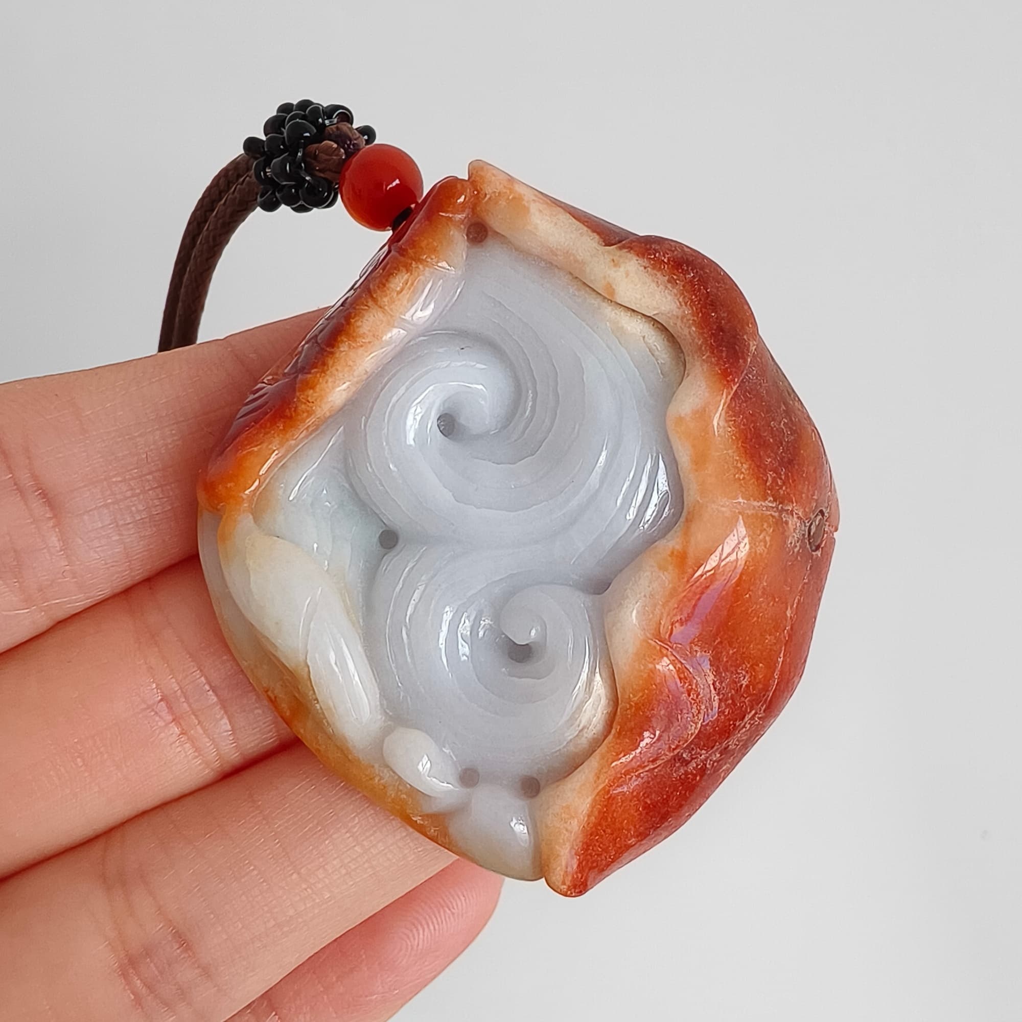 DDP 48.5mm Natural Certificated Red White Burmese Jadeite Irregular Pendant With Fish And Lotus Leaf Carved