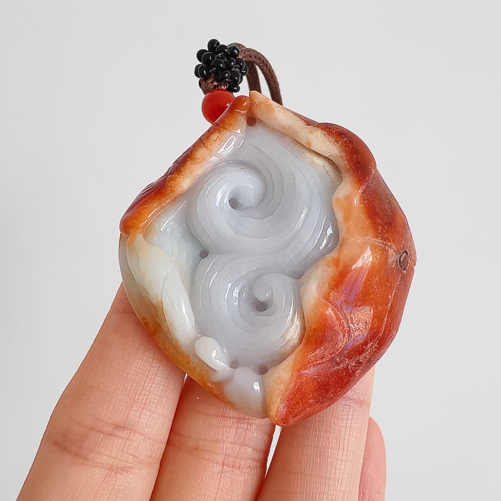 DDP 48.5mm Natural Certificated Red White Burmese Jadeite Irregular Pendant With Fish And Lotus Leaf Carved