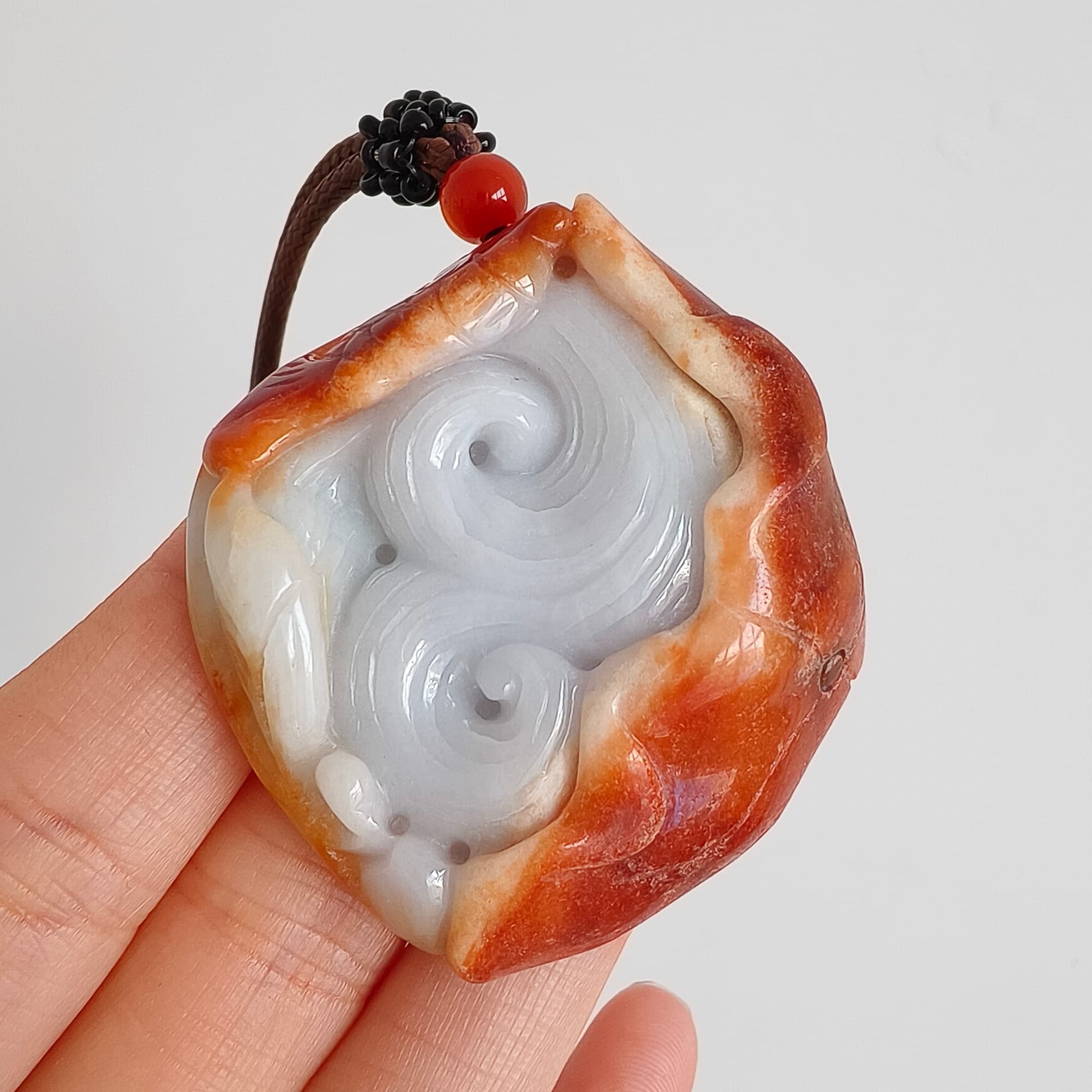 DDP 48.5mm Natural Certificated Red White Burmese Jadeite Irregular Pendant With Fish And Lotus Leaf Carved