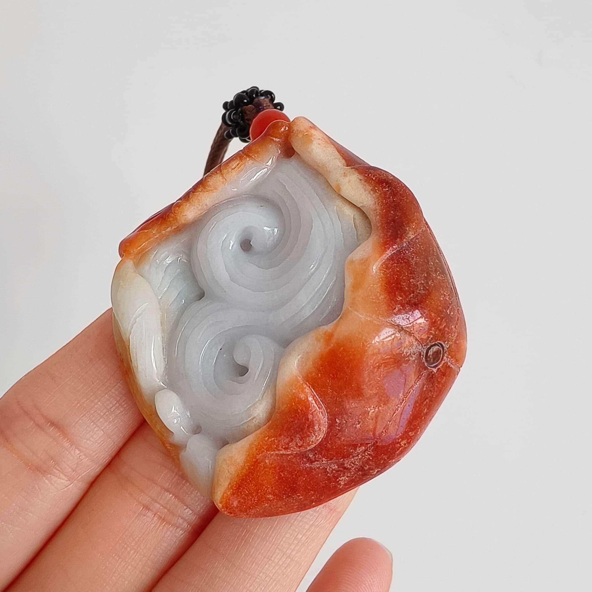 DDP 48.5mm Natural Certificated Red White Burmese Jadeite Irregular Pendant With Fish And Lotus Leaf Carved