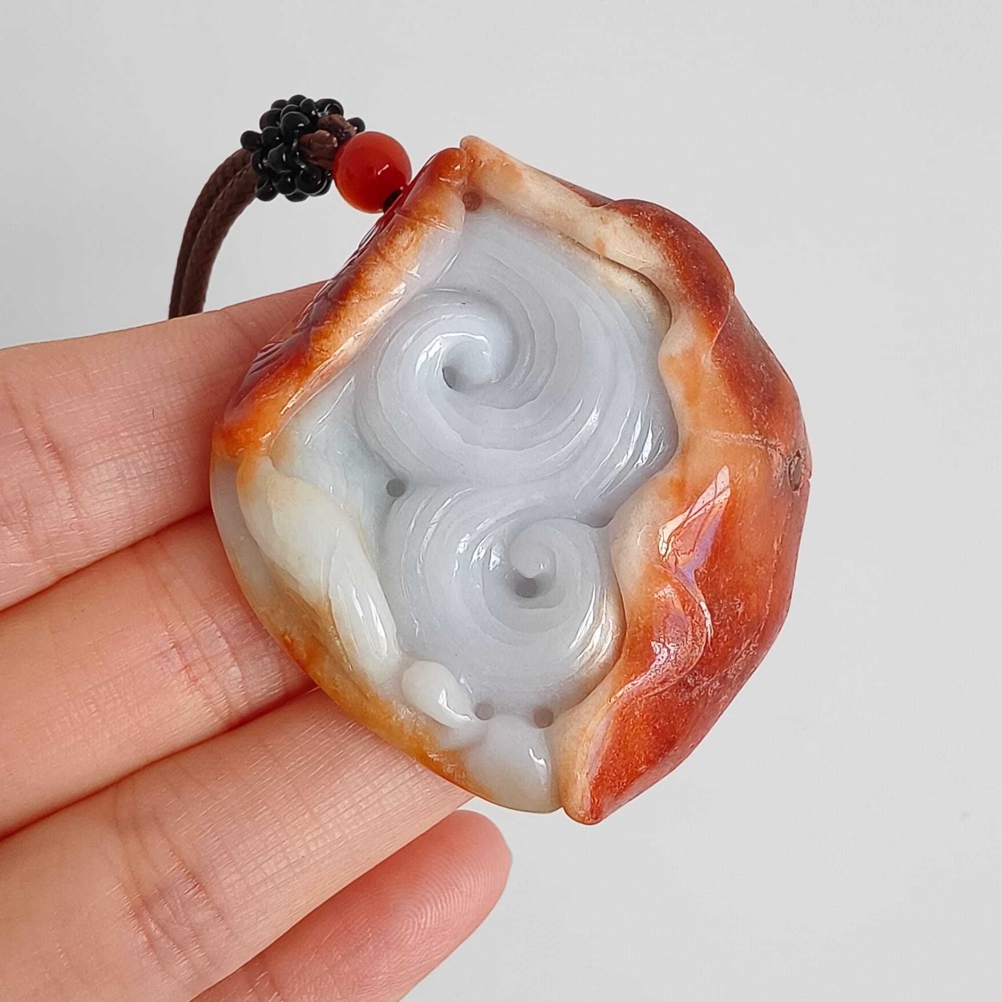 DDP 48.5mm Natural Certificated Red White Burmese Jadeite Irregular Pendant With Fish And Lotus Leaf Carved