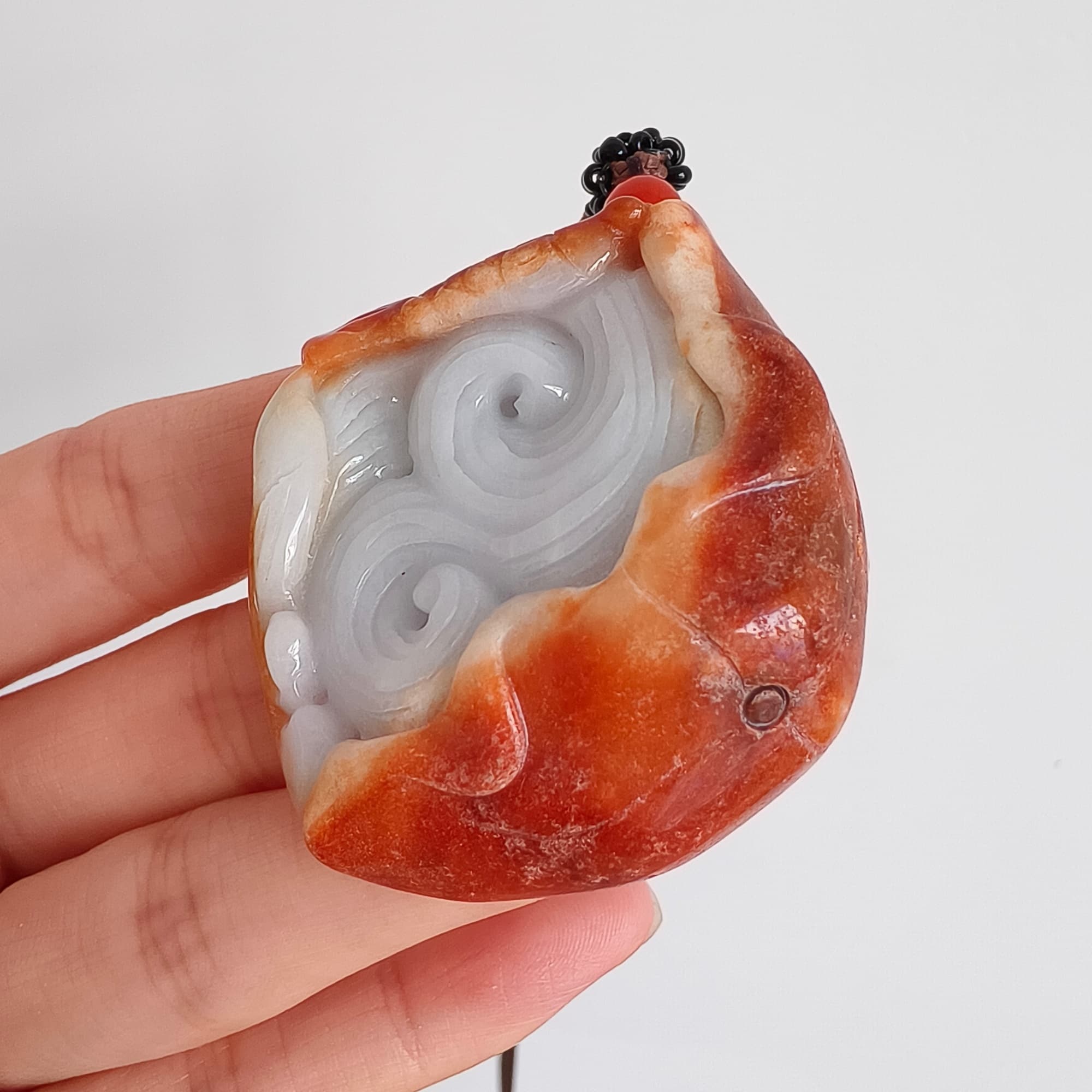 DDP 48.5mm Natural Certificated Red White Burmese Jadeite Irregular Pendant With Fish And Lotus Leaf Carved
