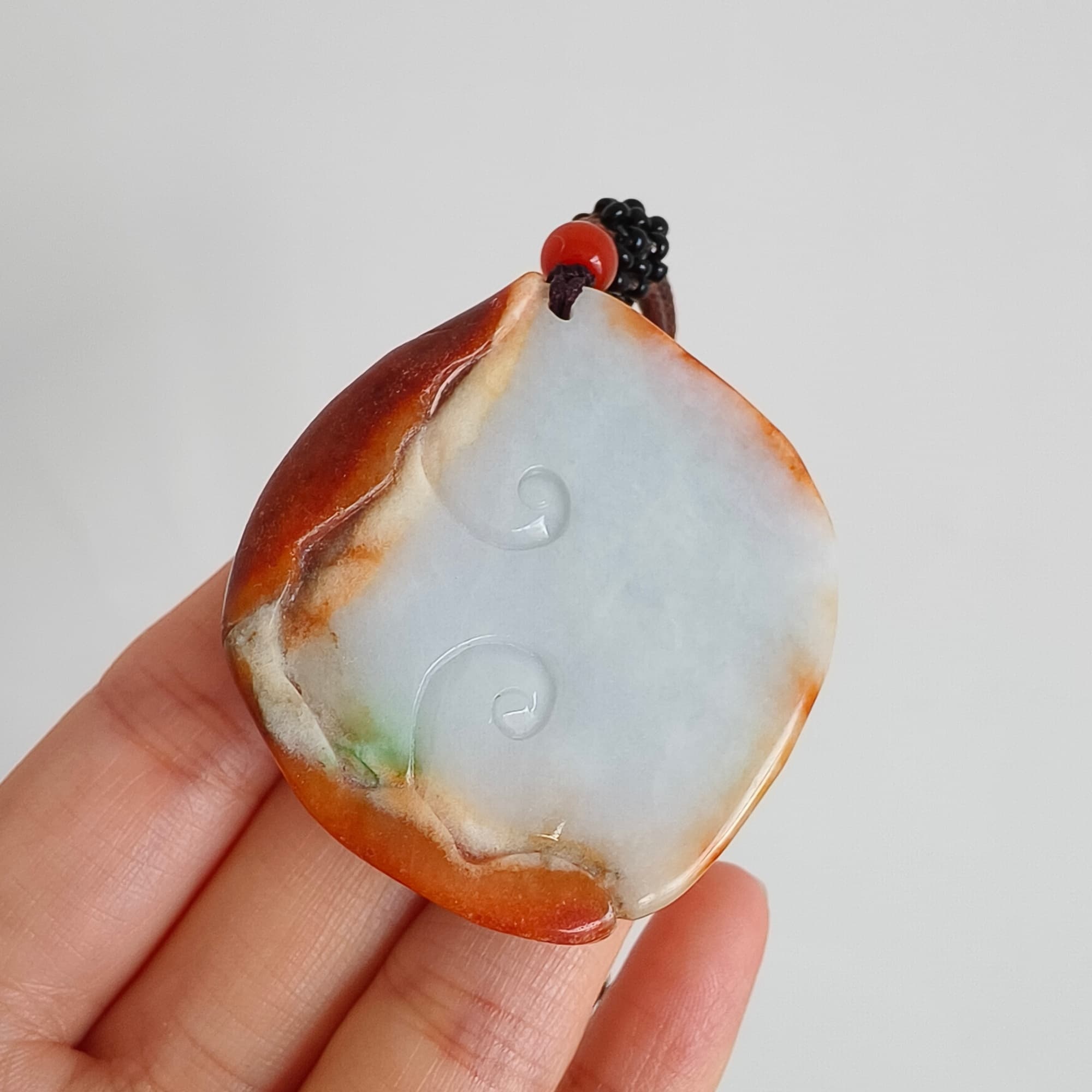 DDP 48.5mm Natural Certificated Red White Burmese Jadeite Irregular Pendant With Fish And Lotus Leaf Carved