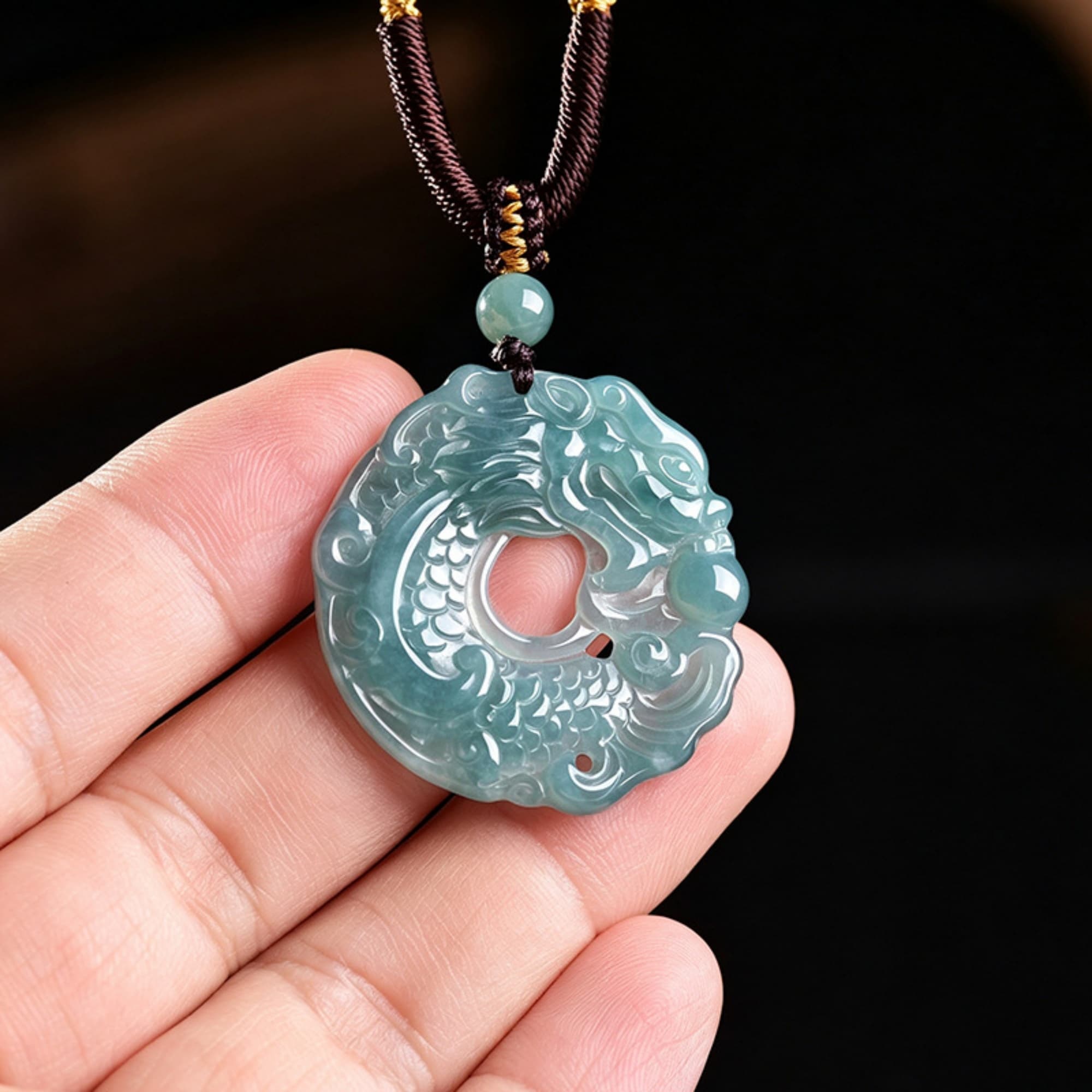 DDP 34.5mm Natural Certificated Type A Untreated Icy Blue Watery Guatemalan Jadeite Dragon Fish Pendant