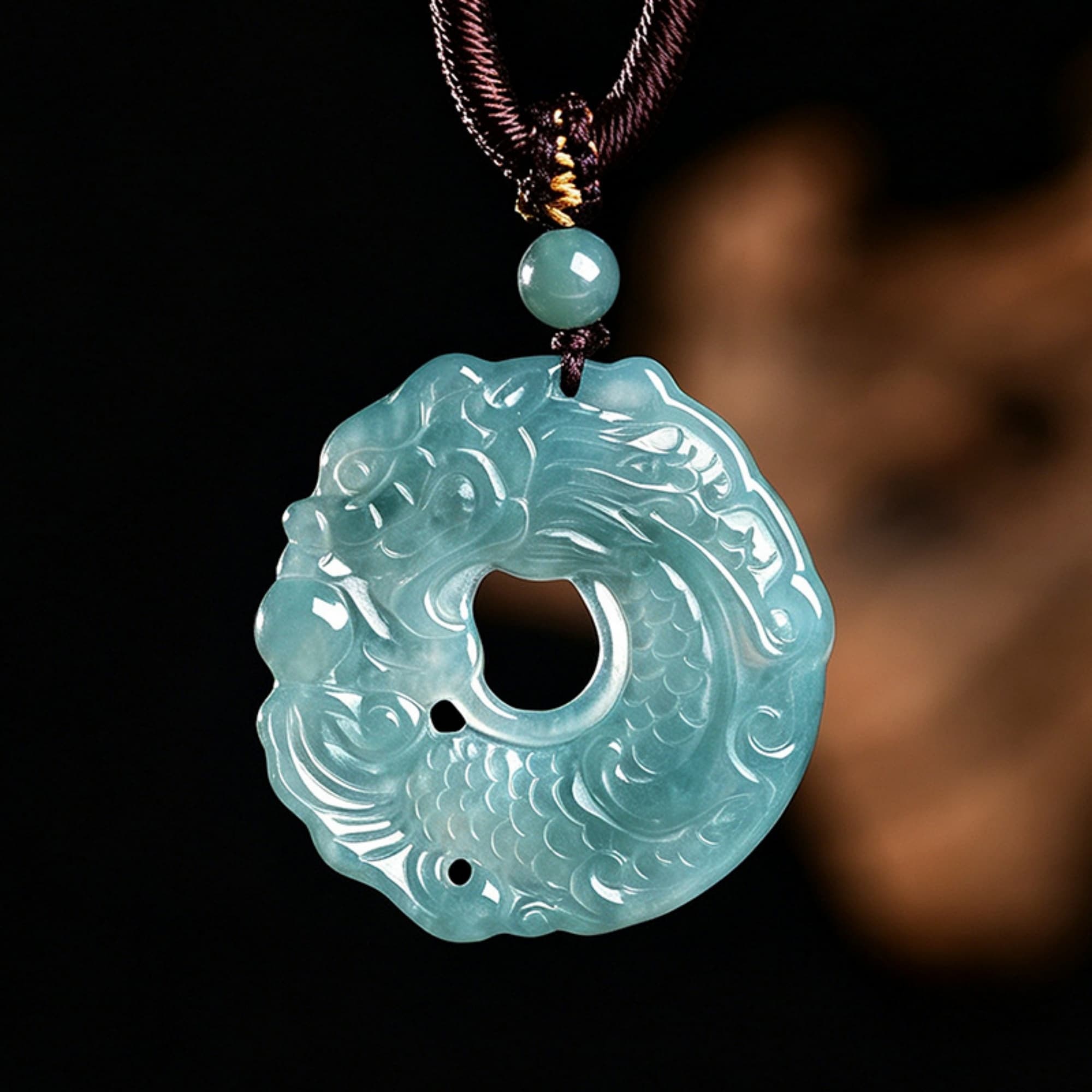 DDP 34.5mm Natural Certificated Type A Untreated Icy Blue Watery Guatemalan Jadeite Dragon Fish Pendant