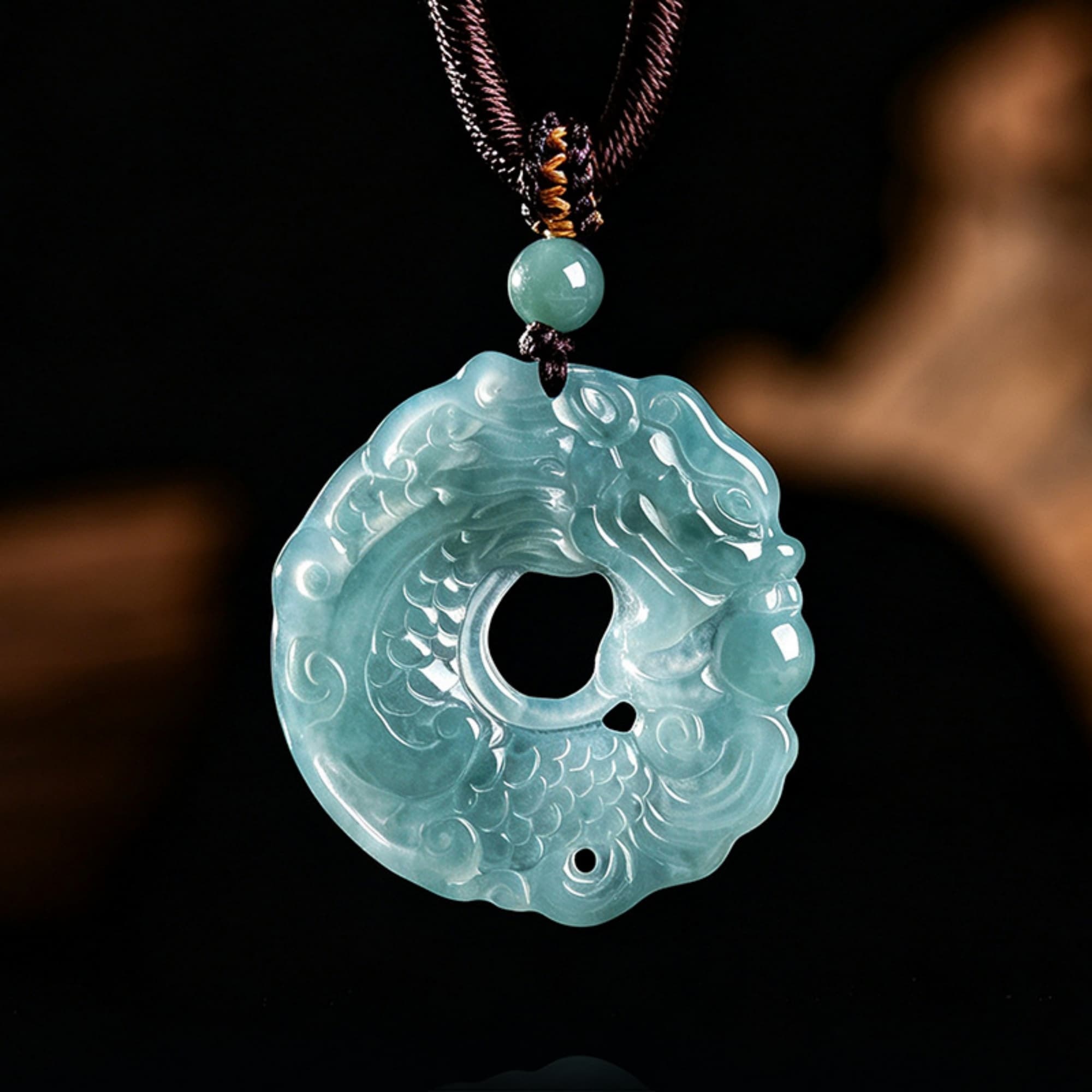 DDP 34.5mm Natural Certificated Type A Untreated Icy Blue Watery Guatemalan Jadeite Dragon Fish Pendant