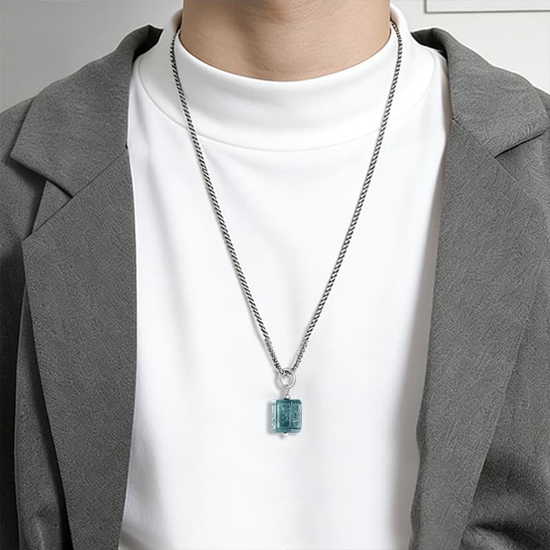 DDP 25.5mm Natural Certificated Type A Untreated Icy Blue Watery Guatemalan Jadeite Square Pendant With Om Mani Padme Hum Carved