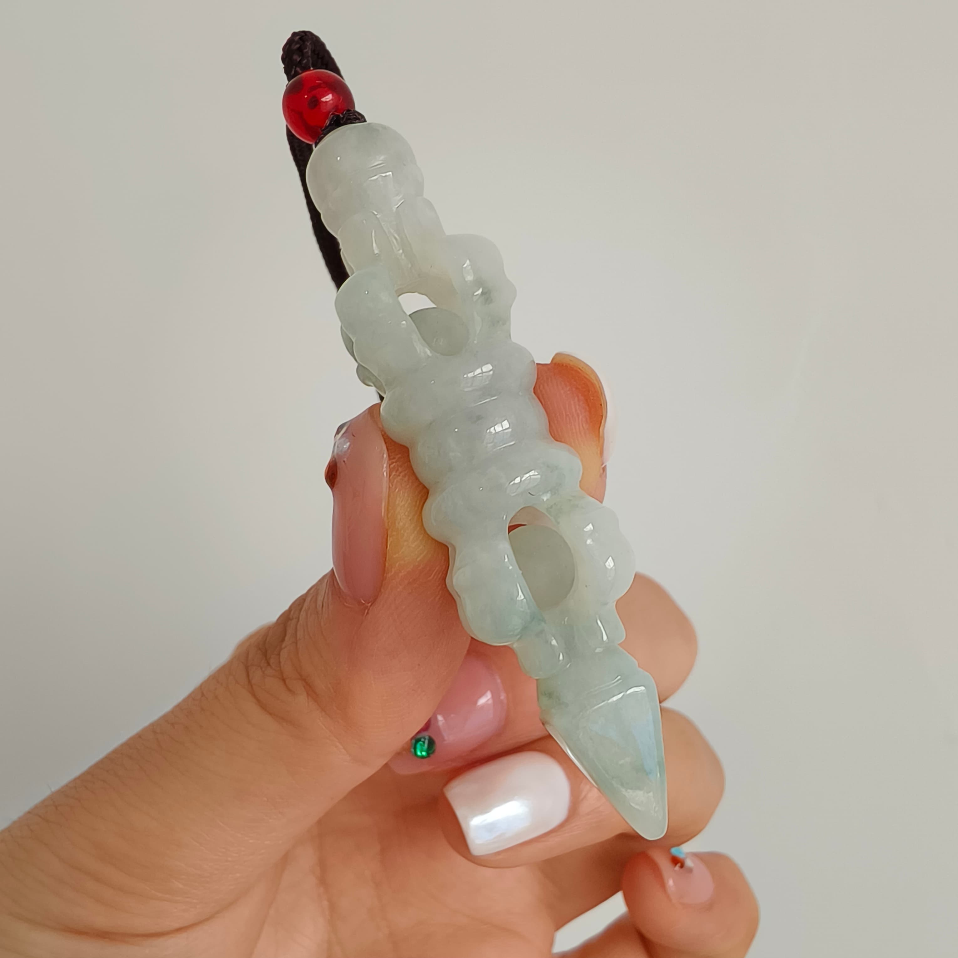 DDP 60mm Natural Certificated Type A Green White Moss In Snow Burmese Jadeite Buddhist Dorje Pendant