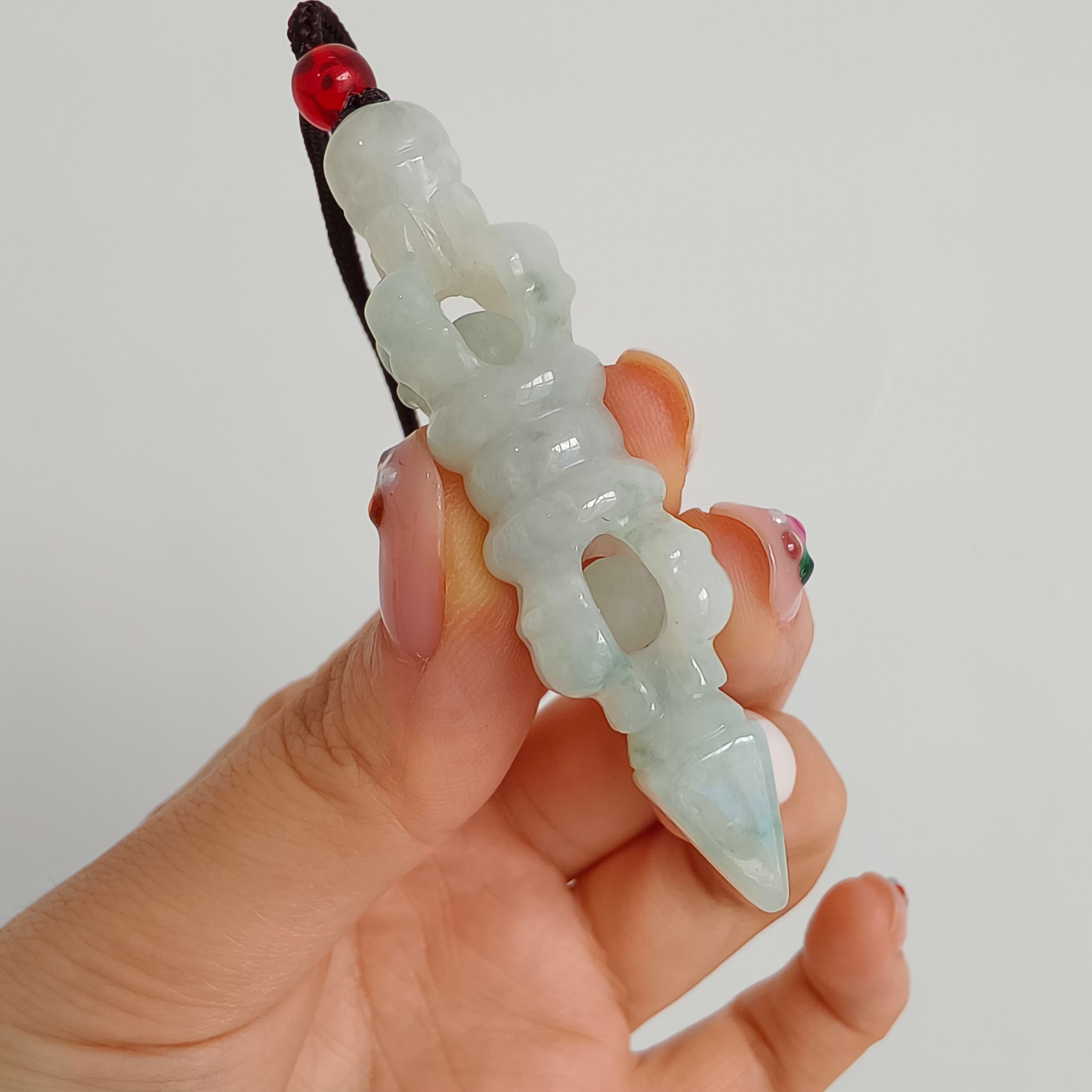 DDP 60mm Natural Certificated Type A Green White Moss In Snow Burmese Jadeite Buddhist Dorje Pendant