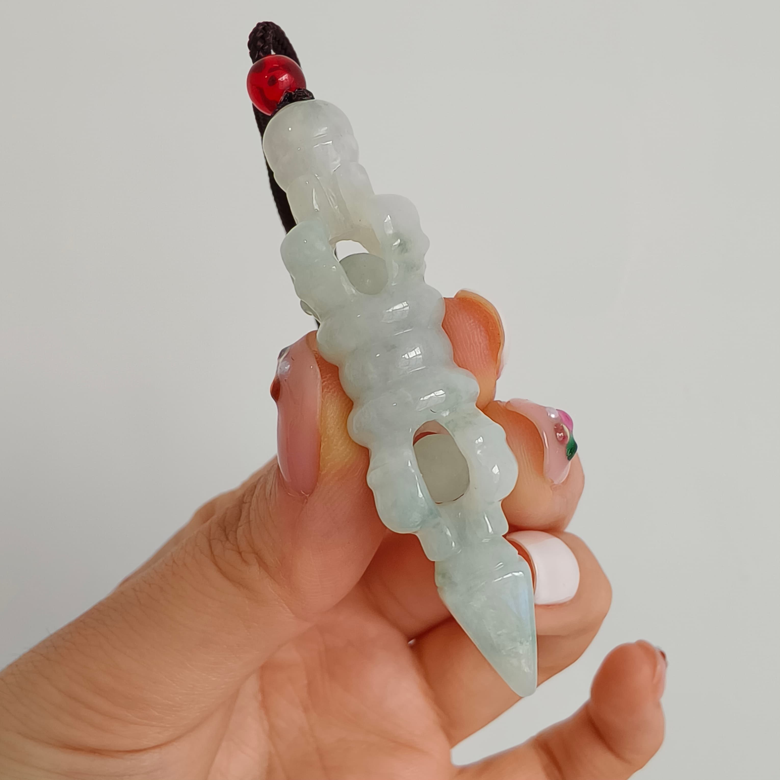 DDP 60mm Natural Certificated Type A Green White Moss In Snow Burmese Jadeite Buddhist Dorje Pendant