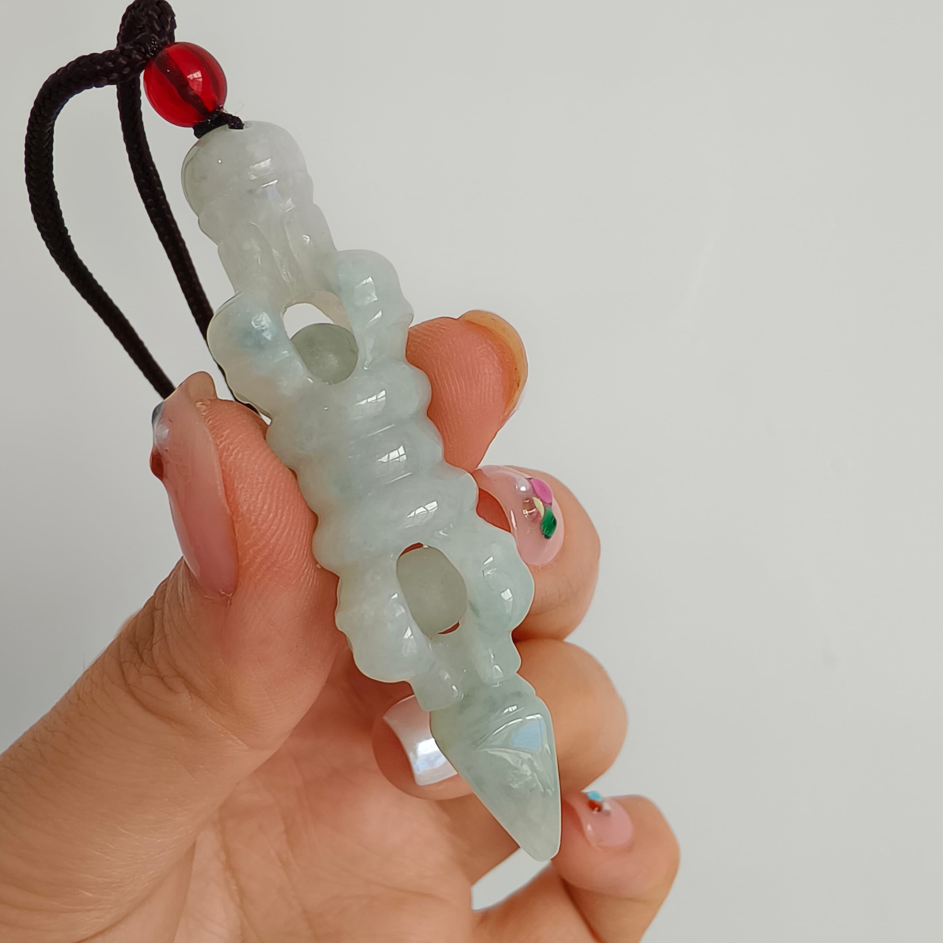 DDP 60mm Natural Certificated Type A Green White Moss In Snow Burmese Jadeite Buddhist Dorje Pendant