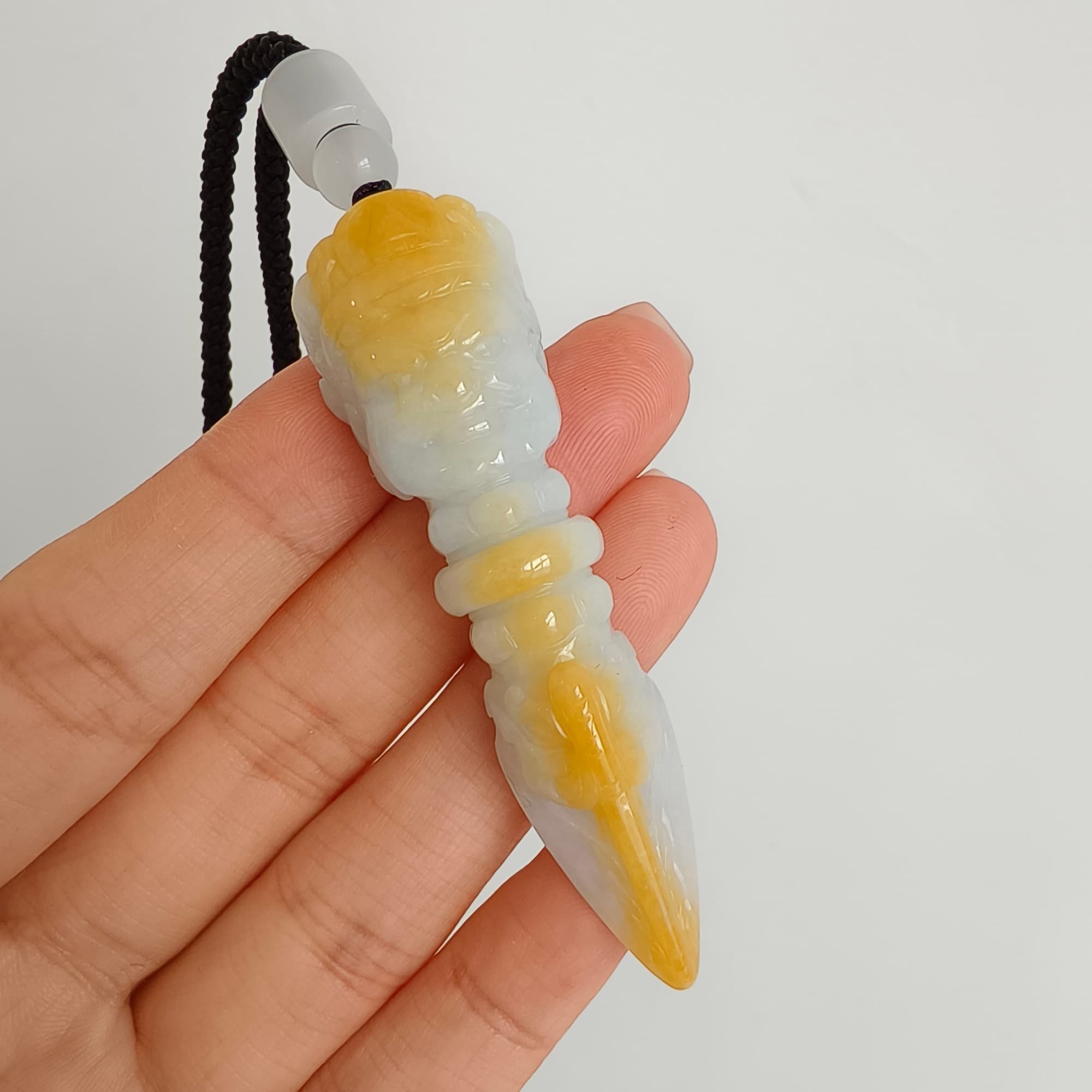 DDP 61.5mm Natural Certificated Icy Yellow White Burmese Jadeite Buddhist Dorje Pendant With Dharmapala Carved