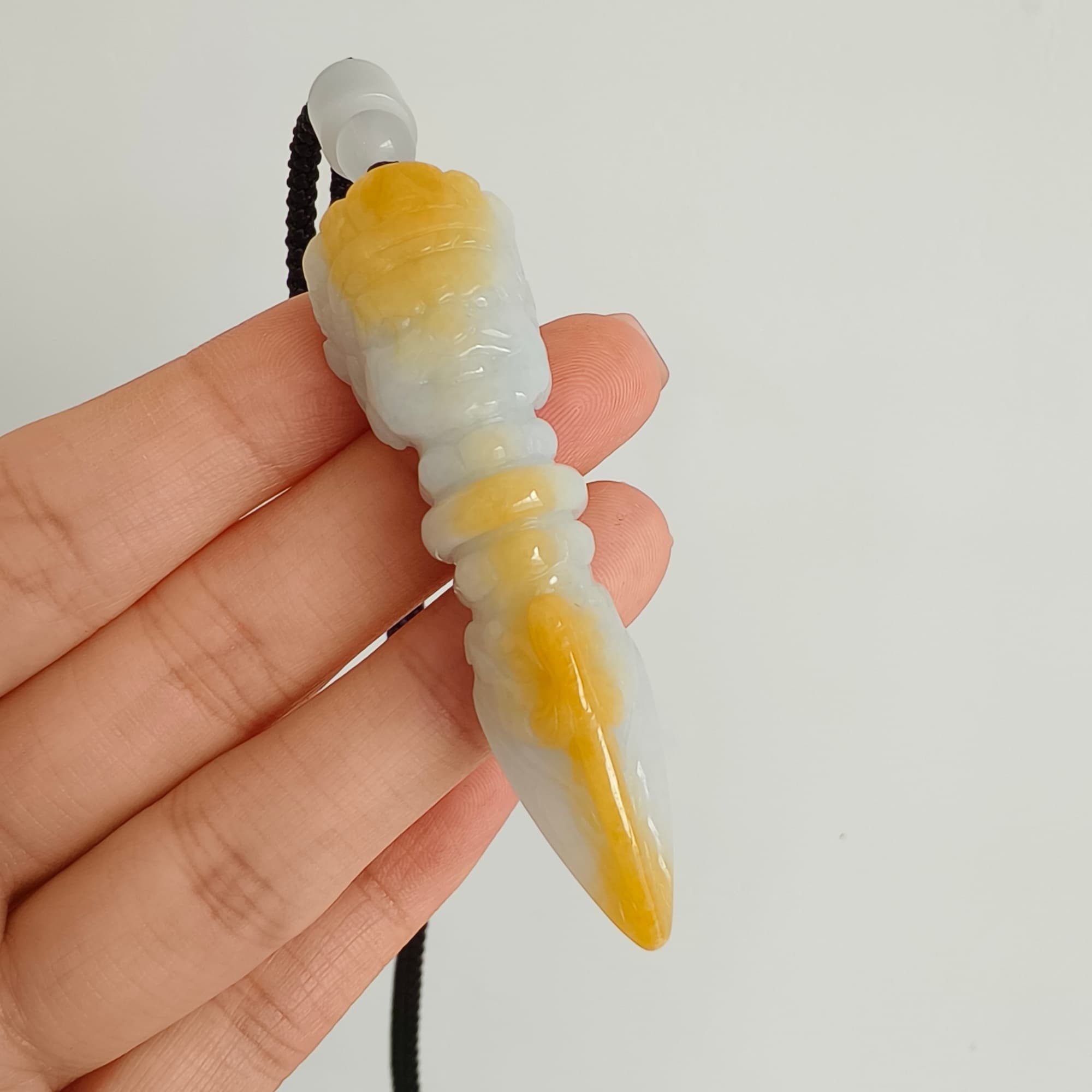 DDP 61.5mm Natural Certificated Icy Yellow White Burmese Jadeite Buddhist Dorje Pendant With Dharmapala Carved