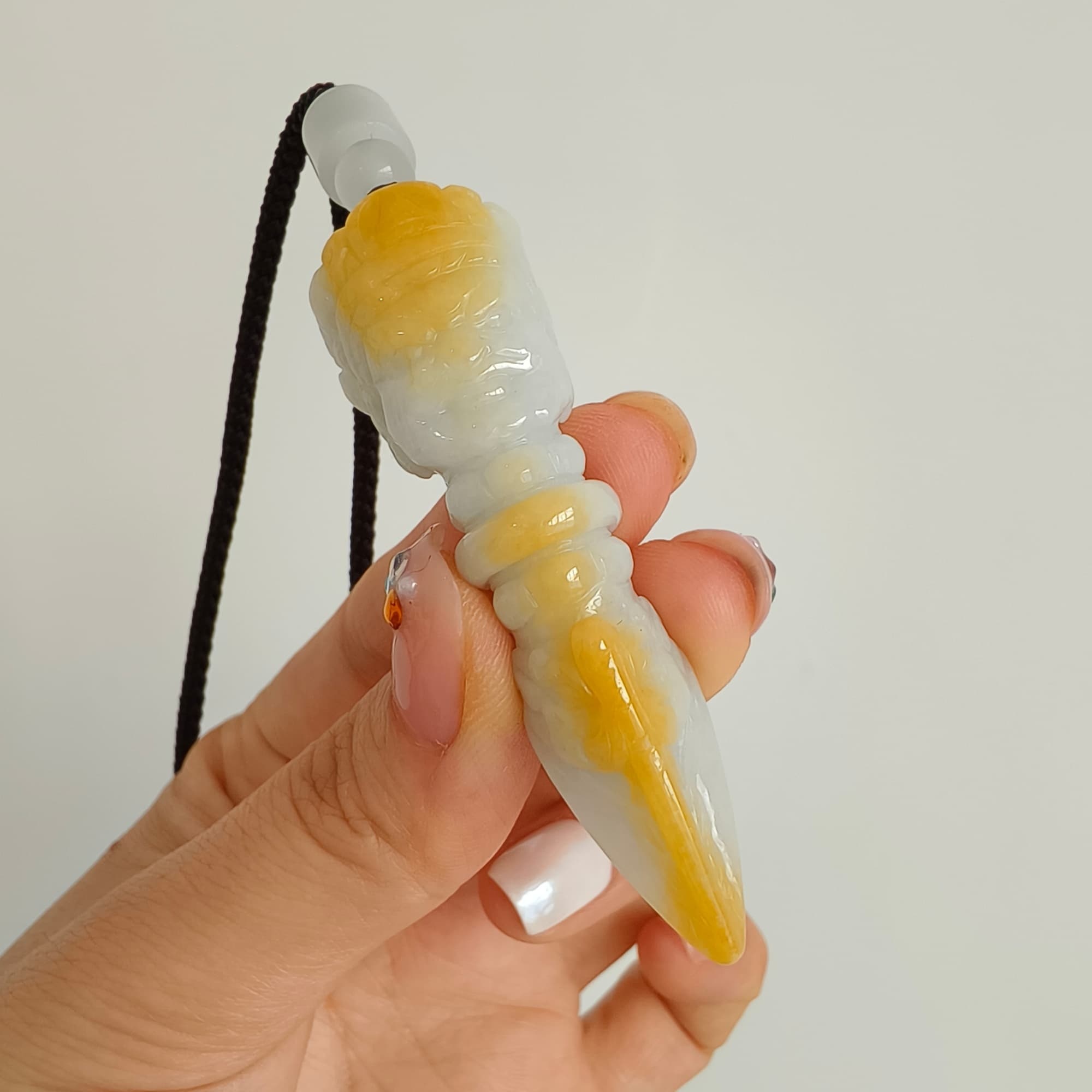 DDP 61.5mm Natural Certificated Icy Yellow White Burmese Jadeite Buddhist Dorje Pendant With Dharmapala Carved