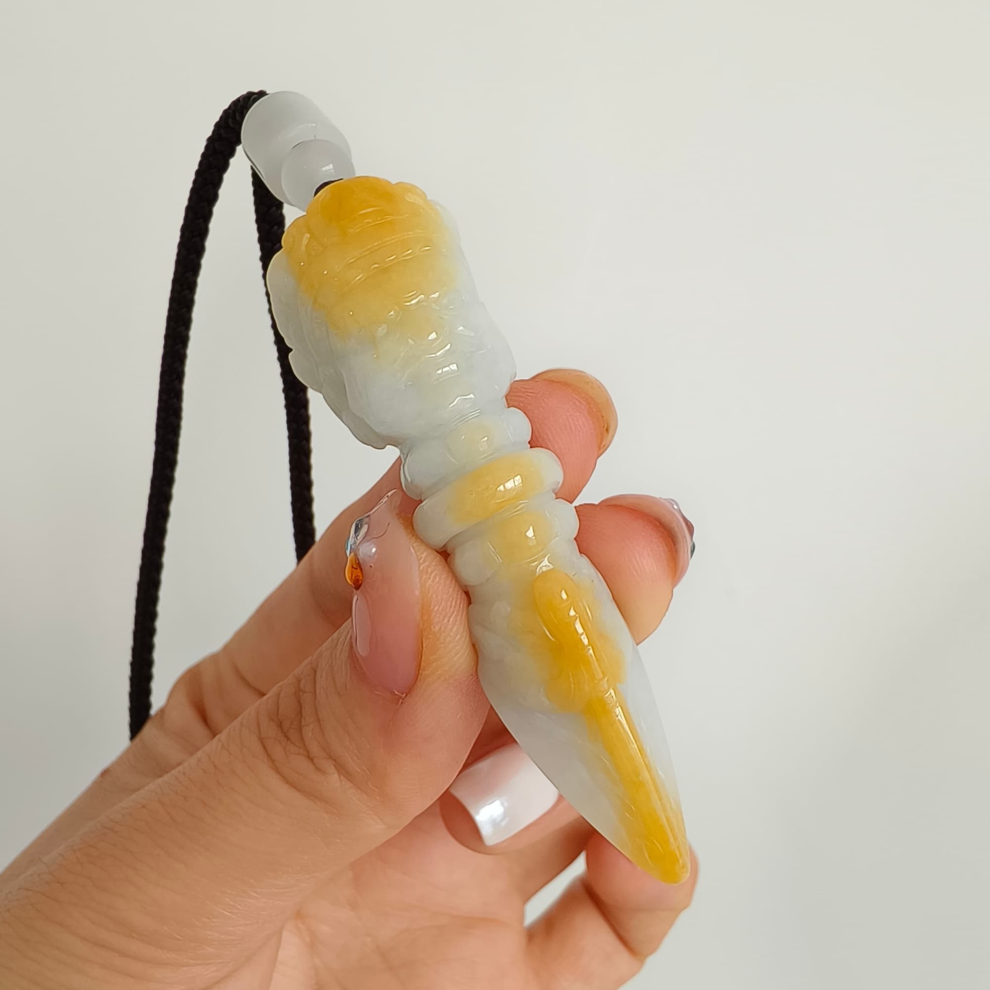 DDP 61.5mm Natural Certificated Icy Yellow White Burmese Jadeite Buddhist Dorje Pendant With Dharmapala Carved