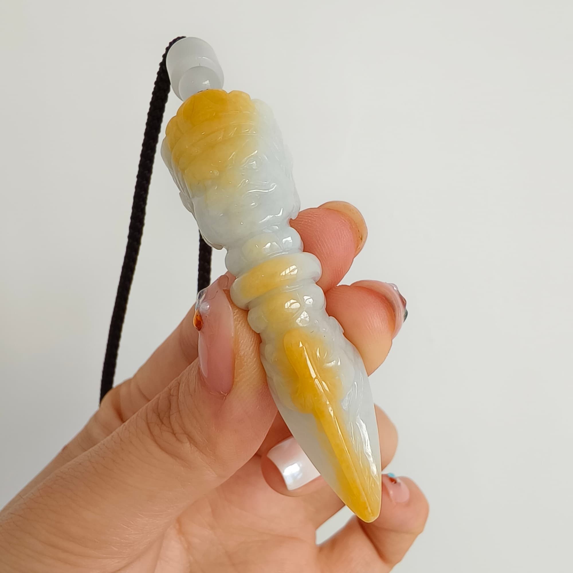 DDP 61.5mm Natural Certificated Icy Yellow White Burmese Jadeite Buddhist Dorje Pendant With Dharmapala Carved