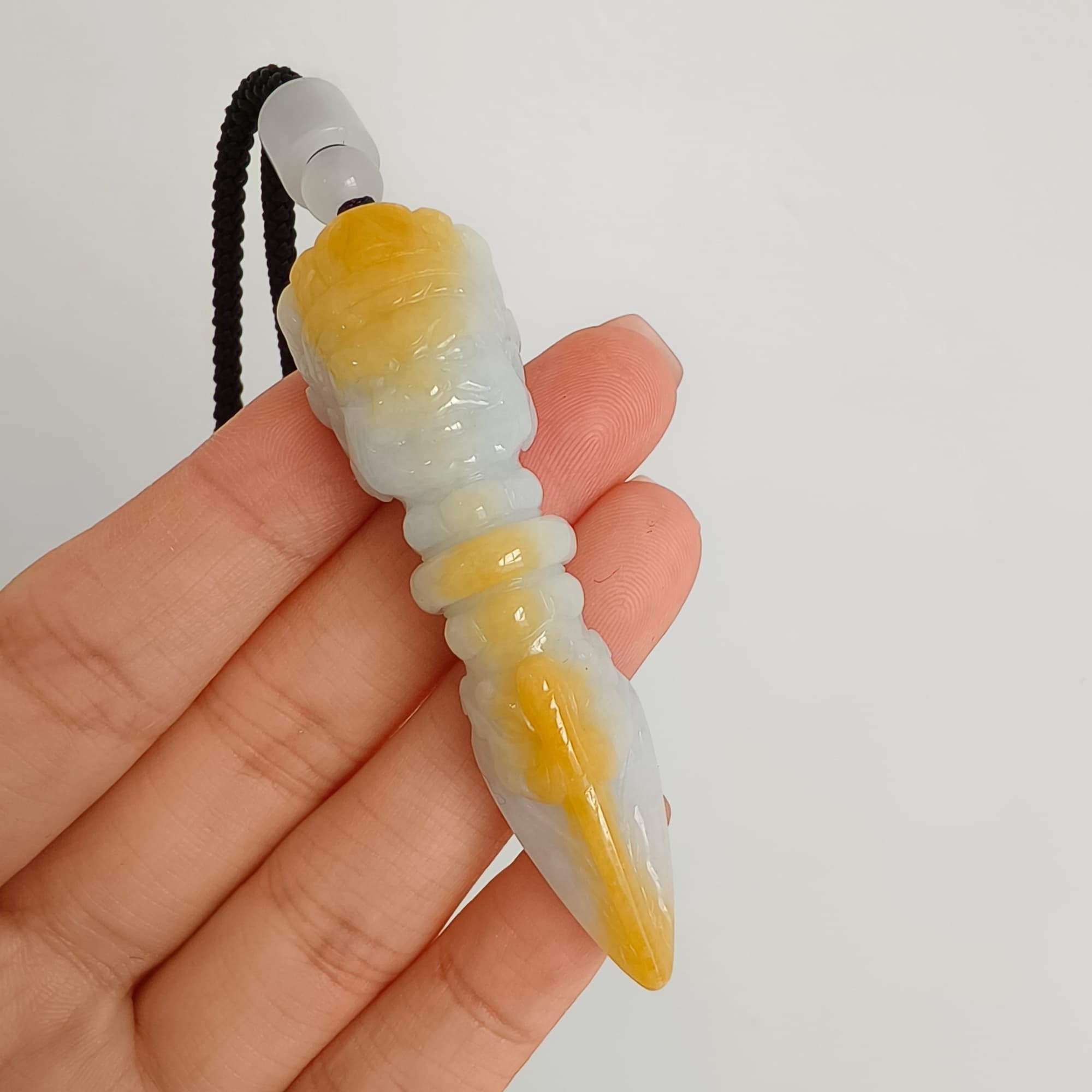 DDP 61.5mm Natural Certificated Icy Yellow White Burmese Jadeite Buddhist Dorje Pendant With Dharmapala Carved