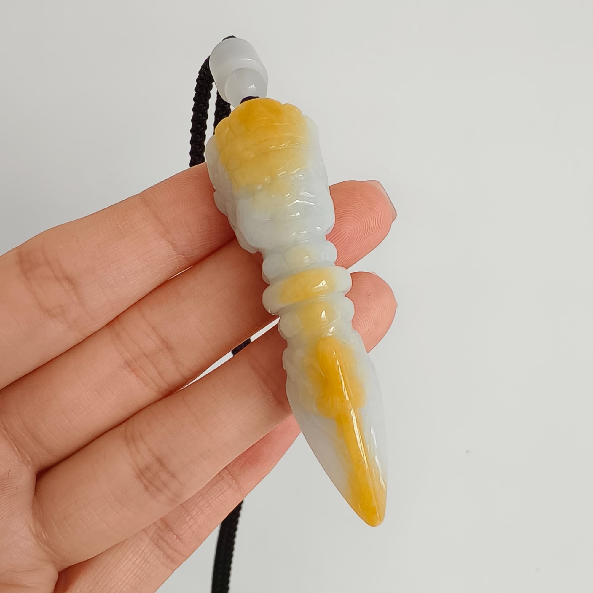 DDP 61.5mm Natural Certificated Icy Yellow White Burmese Jadeite Buddhist Dorje Pendant With Dharmapala Carved