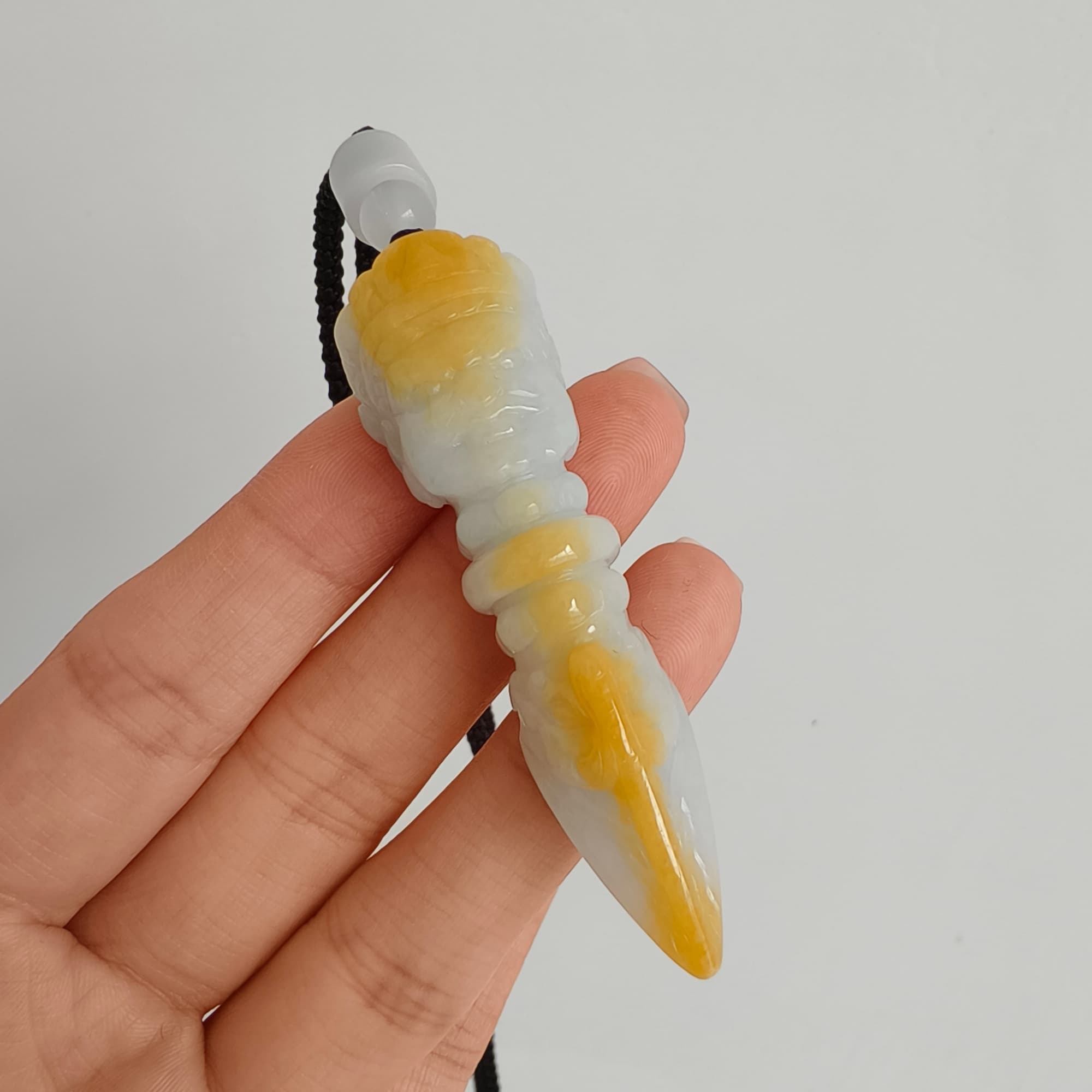 DDP 61.5mm Natural Certificated Icy Yellow White Burmese Jadeite Buddhist Dorje Pendant With Dharmapala Carved