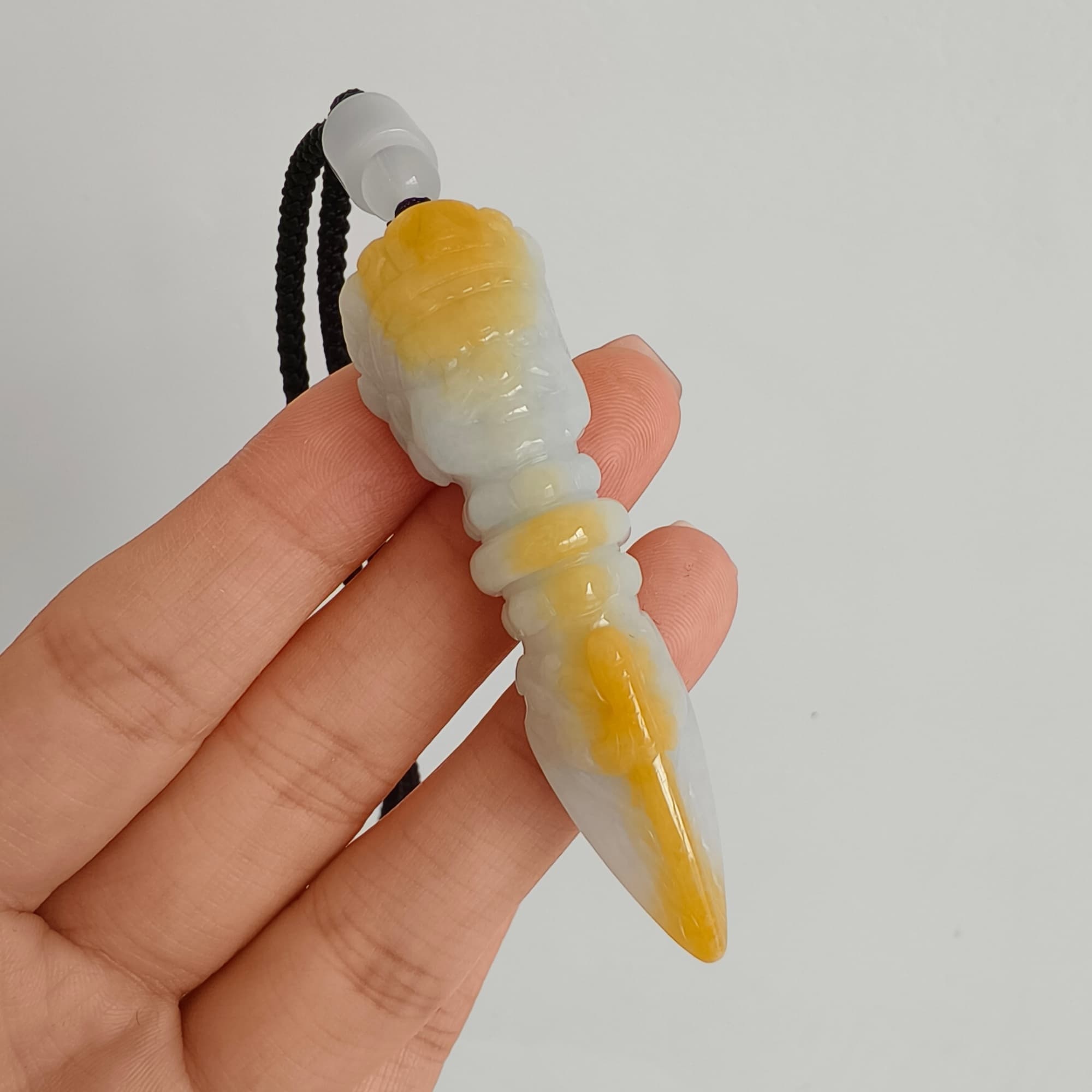 DDP 61.5mm Natural Certificated Icy Yellow White Burmese Jadeite Buddhist Dorje Pendant With Dharmapala Carved