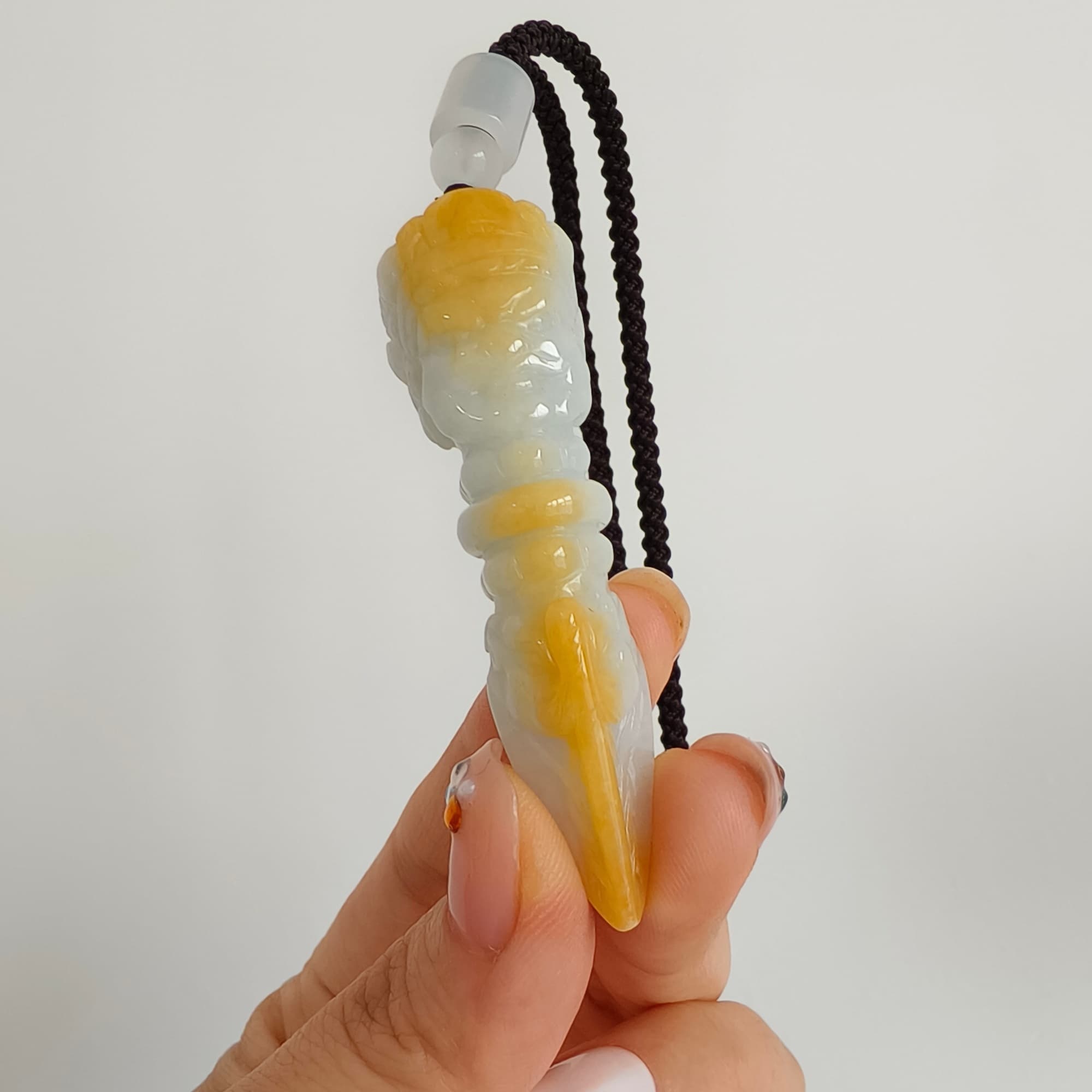 DDP 61.5mm Natural Certificated Icy Yellow White Burmese Jadeite Buddhist Dorje Pendant With Dharmapala Carved