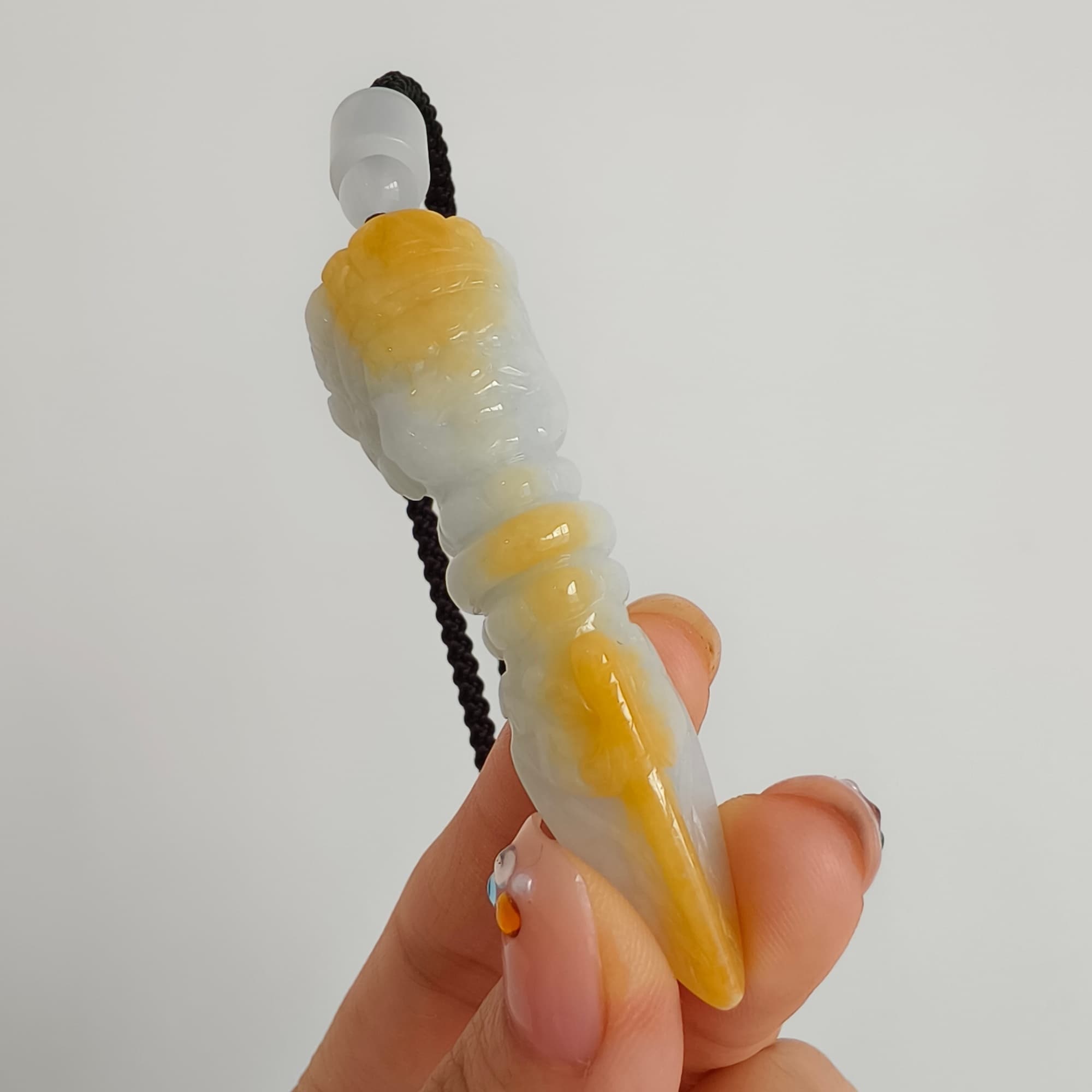 DDP 61.5mm Natural Certificated Icy Yellow White Burmese Jadeite Buddhist Dorje Pendant With Dharmapala Carved