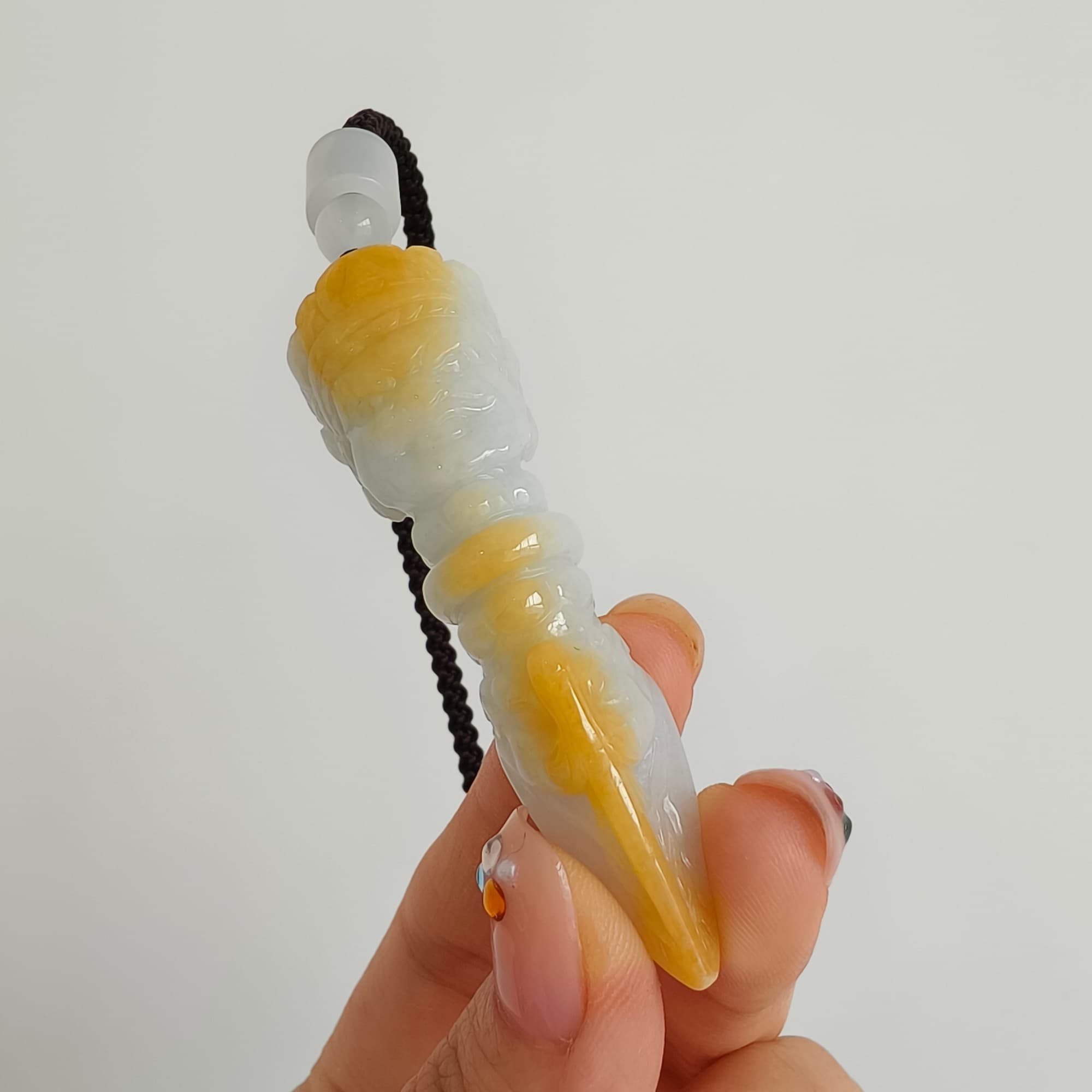DDP 61.5mm Natural Certificated Icy Yellow White Burmese Jadeite Buddhist Dorje Pendant With Dharmapala Carved