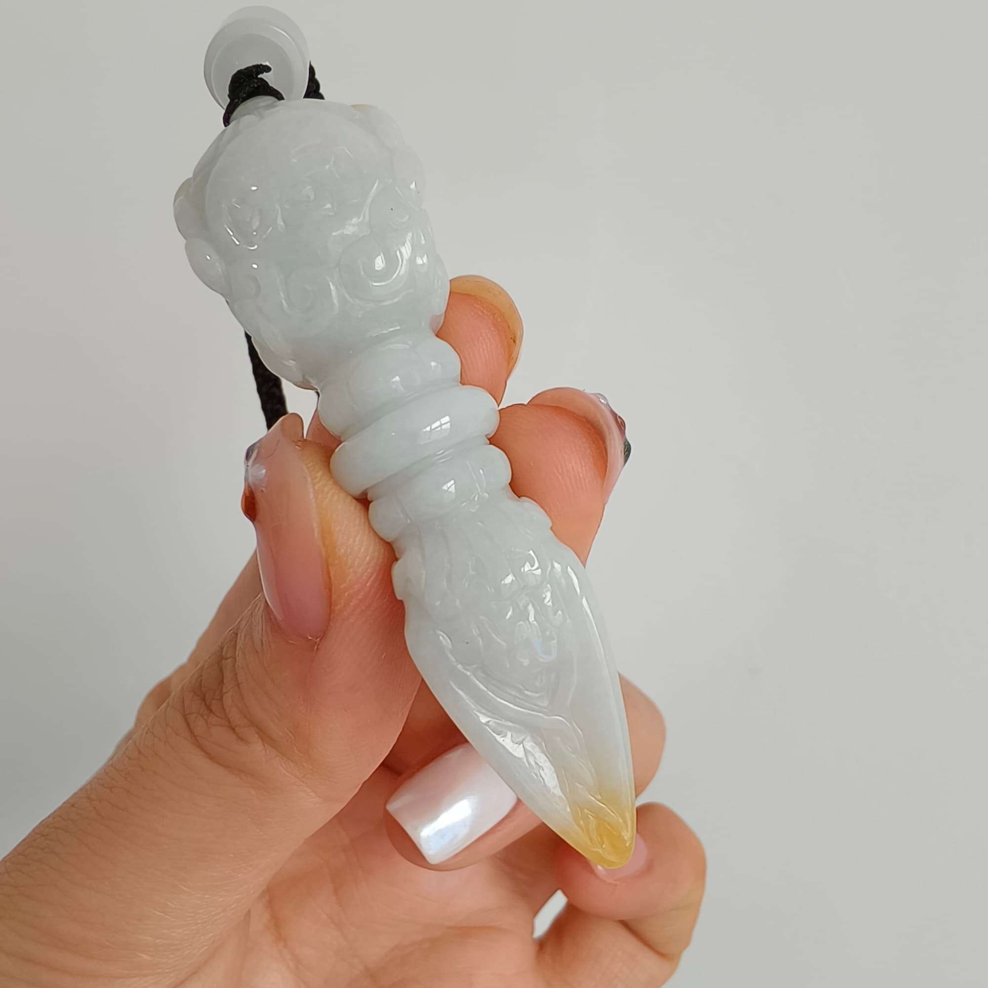 DDP 61.5mm Natural Certificated Icy Yellow White Burmese Jadeite Buddhist Dorje Pendant With Dharmapala Carved