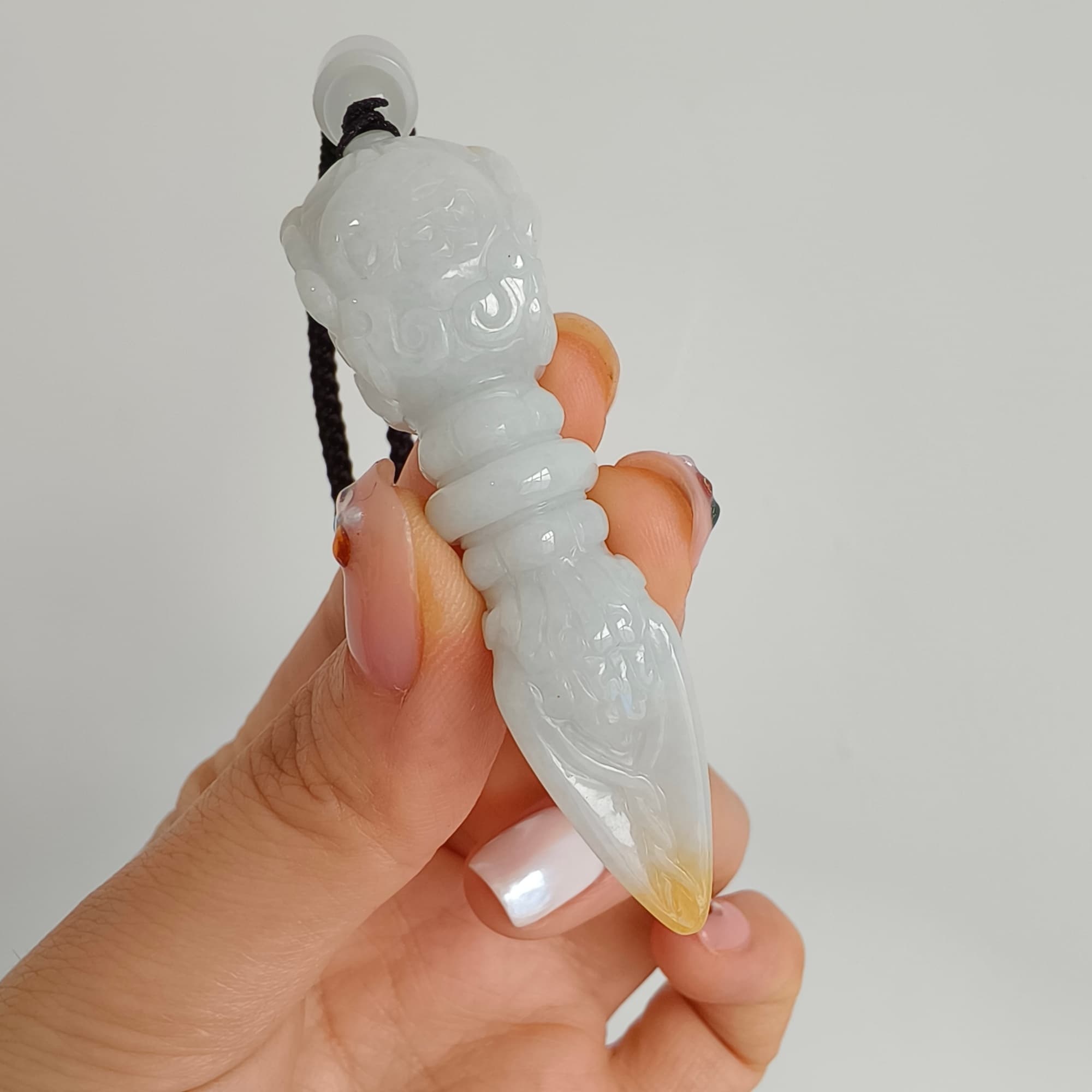 DDP 61.5mm Natural Certificated Icy Yellow White Burmese Jadeite Buddhist Dorje Pendant With Dharmapala Carved