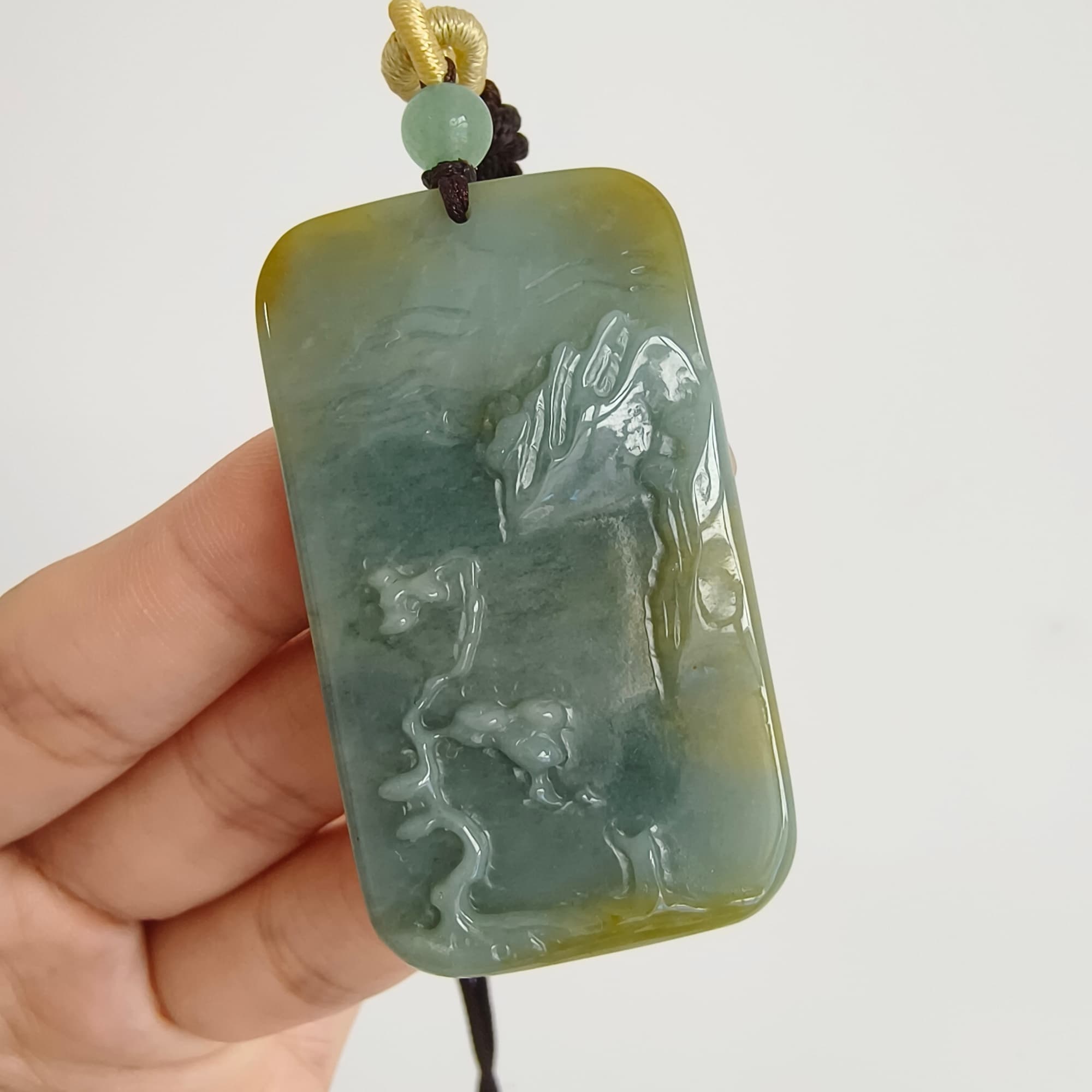 DDP 52.5mm Natural Certificated Blue Yellow Guatemalan Jadeite Rectangle Pendant With Landscape Carved